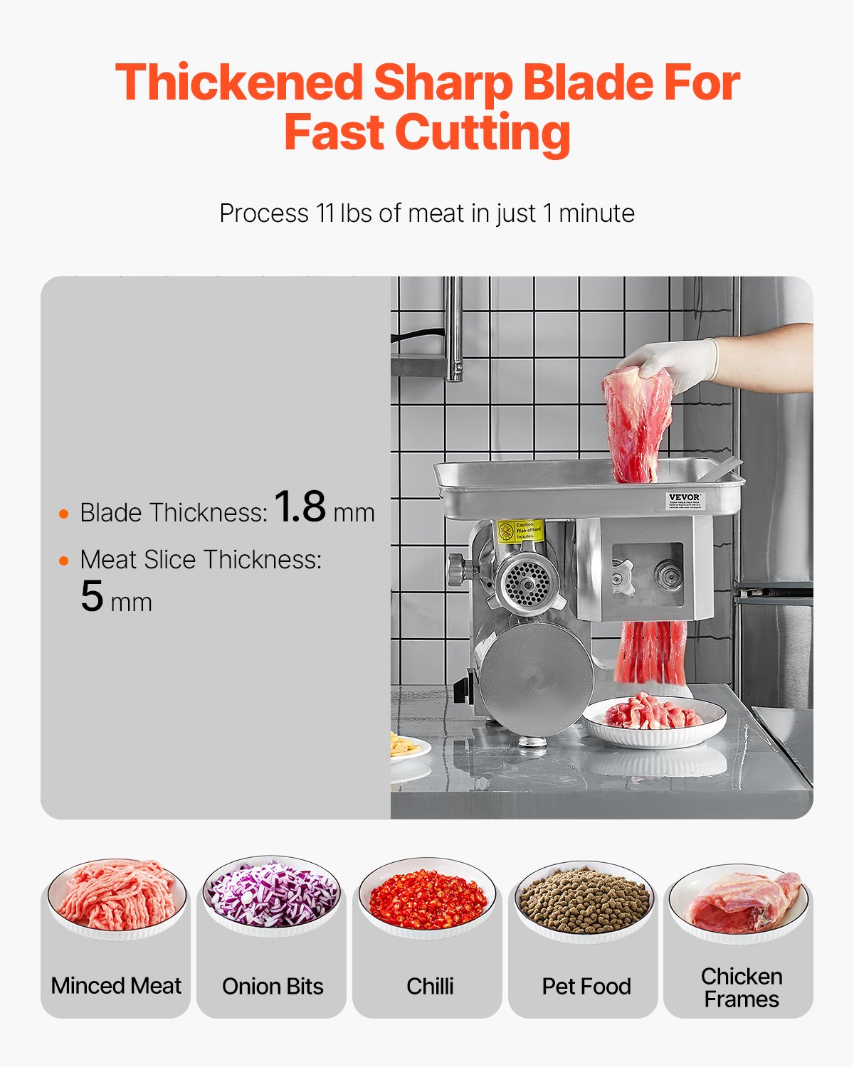 VEVOR Meat Grinder, 11 Lbs/Min Electric Meat Grinder, Slicer, Sausage Stuffer with Blade, Grinding Plate, Sausage Maker, Stainless Steel Commercial Meat Mincer for Slice Shred Dice, Restaurant Butcher