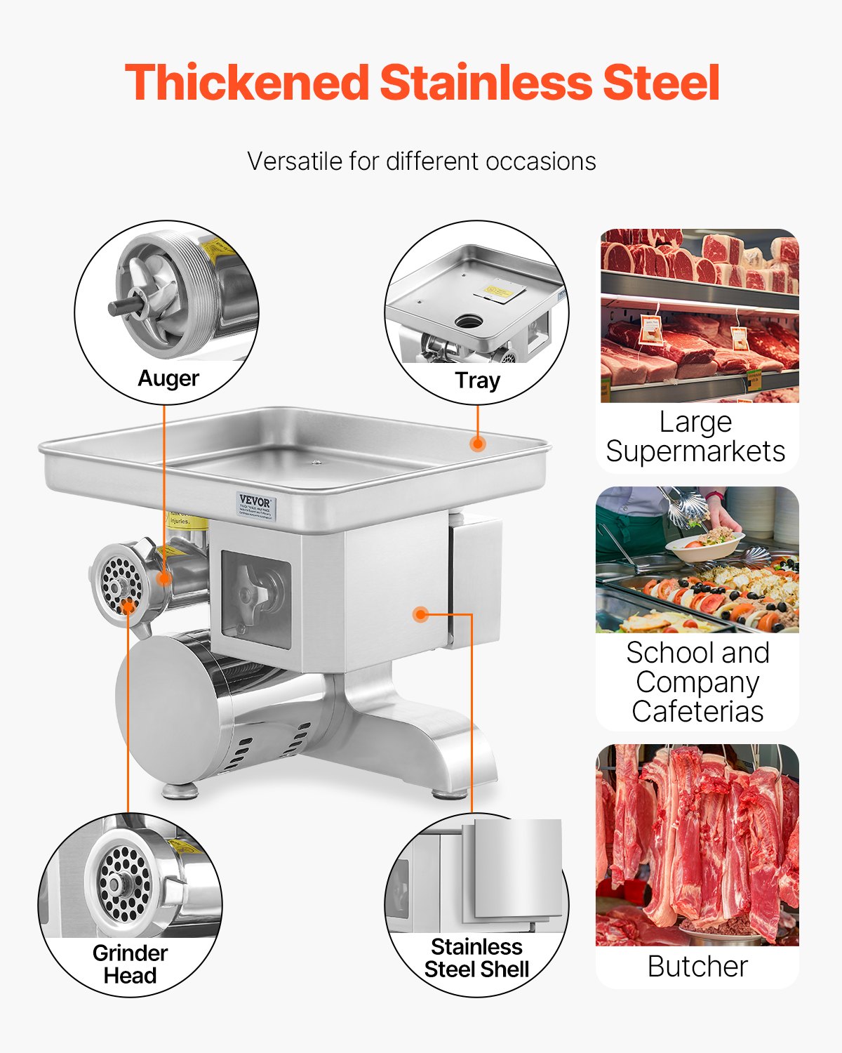 VEVOR Meat Grinder, 11 Lbs/Min Electric Meat Grinder, Slicer, Sausage Stuffer with Blade, Grinding Plate, Sausage Maker, Stainless Steel Commercial Meat Mincer for Slice Shred Dice, Restaurant Butcher