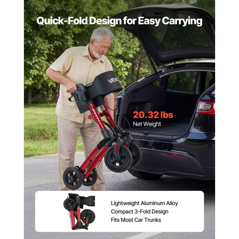 VEVOR Rollator Walker with Seat for Seniors, Ultra Compact 3-Fold Rolling Walker, Lightweight Aluminum Mobility Walking Aid with PU Solid Wheels, Adjustable Handle, Cup & Cane Holder - Supports 136kg