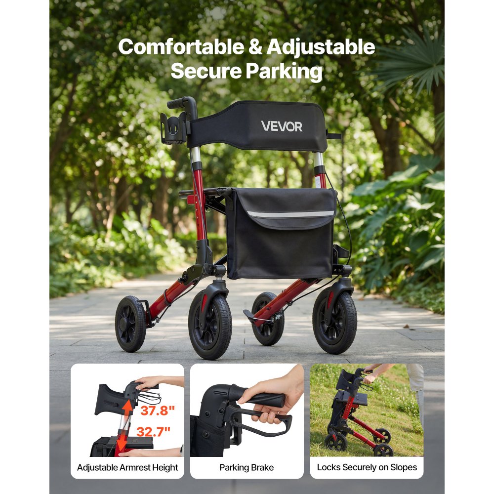 VEVOR Rollator Walker with Seat for Seniors, Ultra Compact 3-Fold Rolling Walker, Lightweight Aluminum Mobility Walking Aid with PU Solid Wheels, Adjustable Handle, Cup & Cane Holder - Supports 136kg