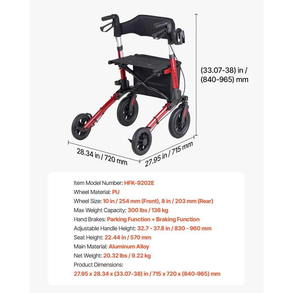 VEVOR Rollator Walker with Seat for Seniors, Ultra Compact 3-Fold Rolling Walker, Lightweight Aluminum Mobility Walking Aid with PU Solid Wheels, Adjustable Handle, Cup & Cane Holder - Supports 136kg