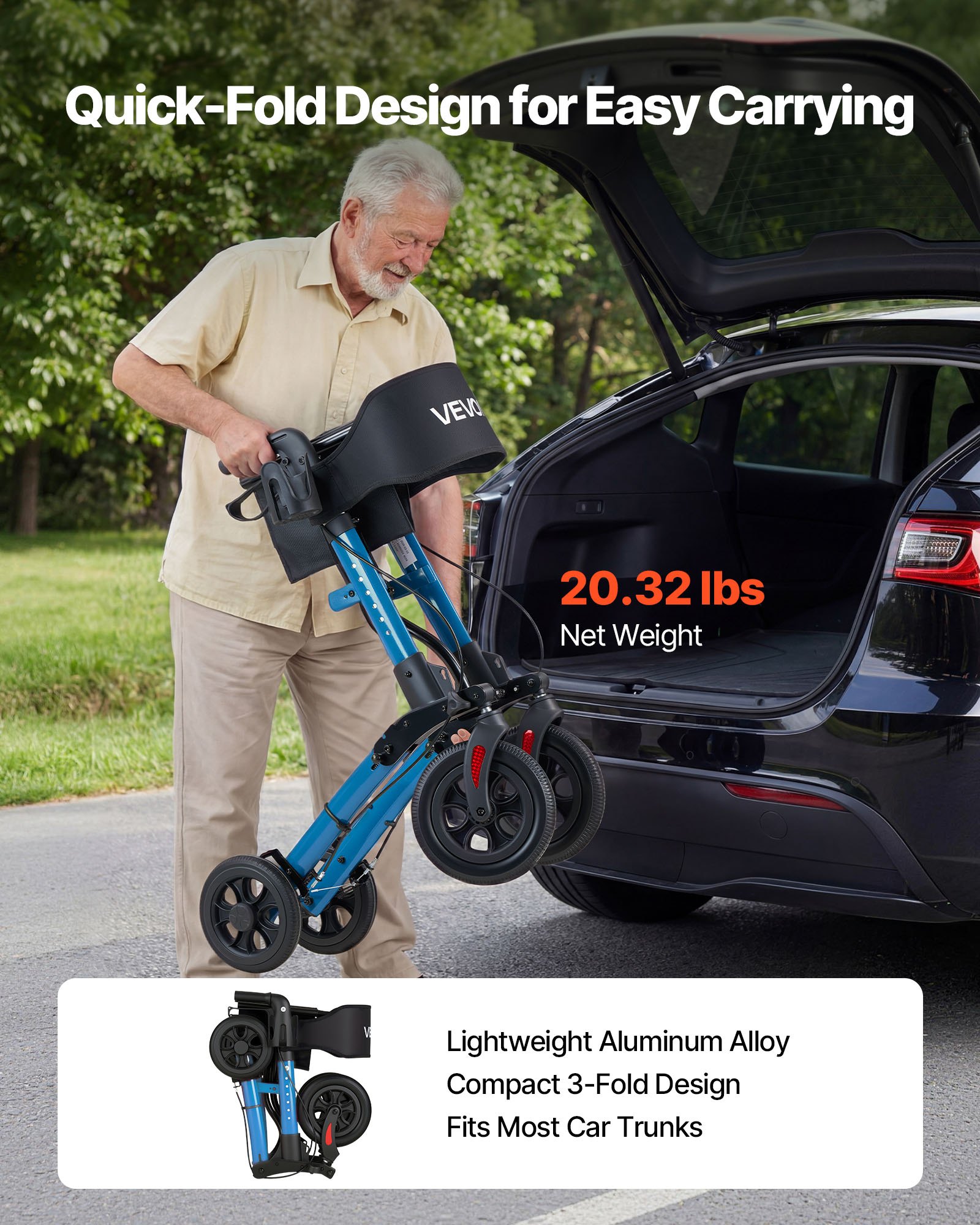 VEVOR Rollator Walker with Seat for Seniors, Ultra Compact 3-Fold Rolling Walker, Lightweight Aluminum Mobility Walking Aid with PU Solid Wheels, Adjustable Handle, Cup & Cane Holder - Supports 136kg