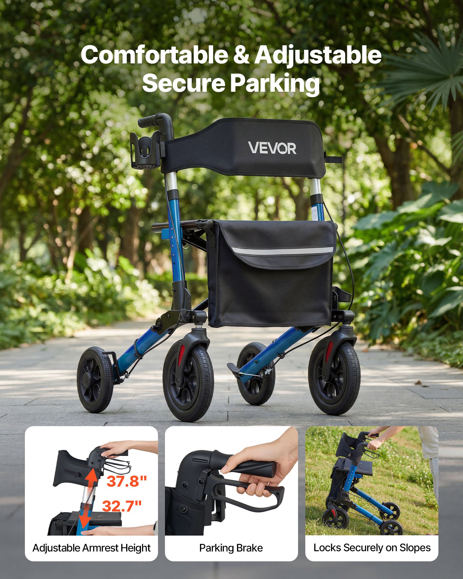 VEVOR Rollator Walker with Seat for Seniors, Ultra Compact 3-Fold Rolling Walker, Lightweight Aluminum Mobility Walking Aid with PU Solid Wheels, Adjustable Handle, Cup & Cane Holder - Supports 136kg