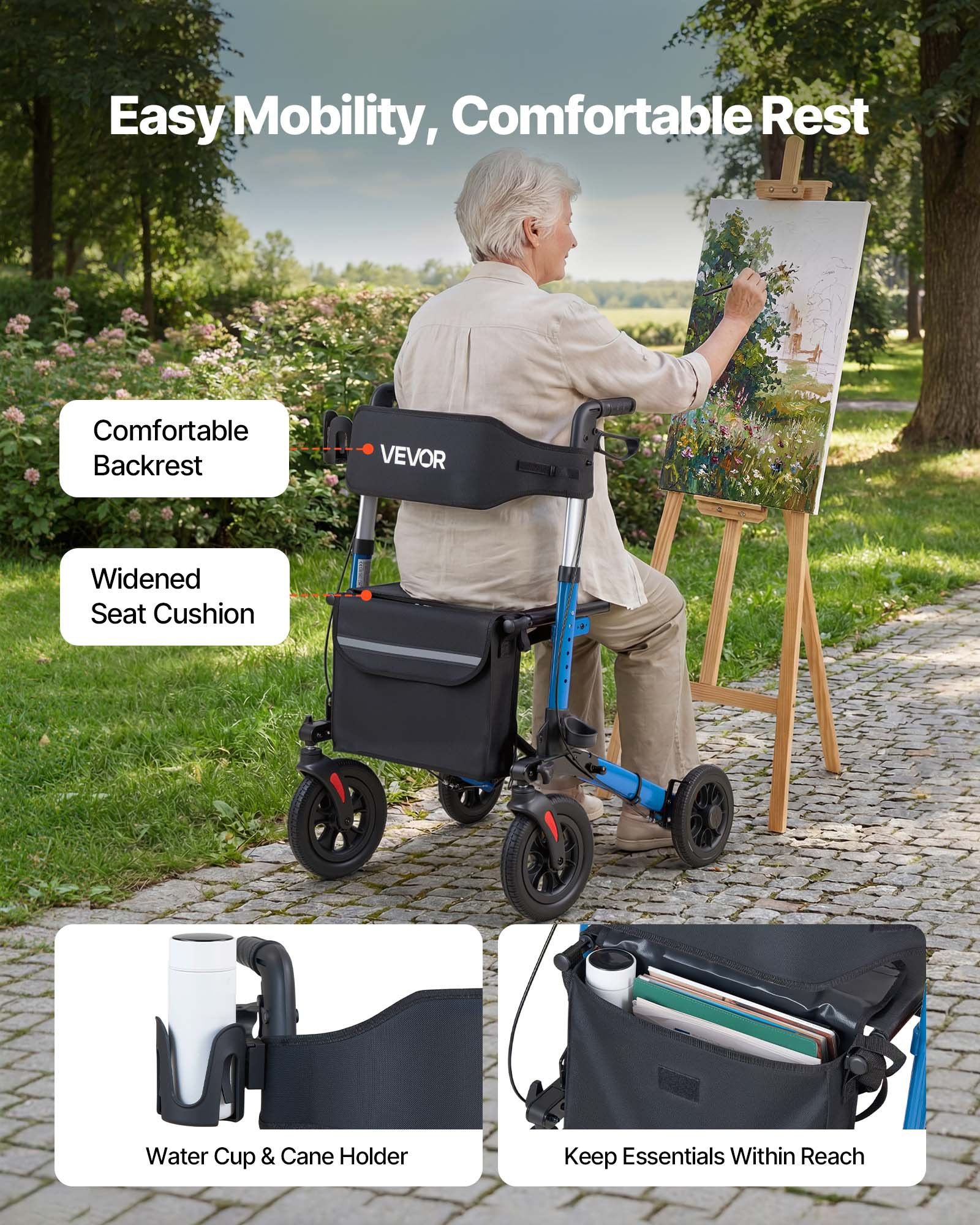 VEVOR Rollator Walker with Seat for Seniors, Ultra Compact 3-Fold Rolling Walker, Lightweight Aluminum Mobility Walking Aid with PU Solid Wheels, Adjustable Handle, Cup & Cane Holder - Supports 136kg