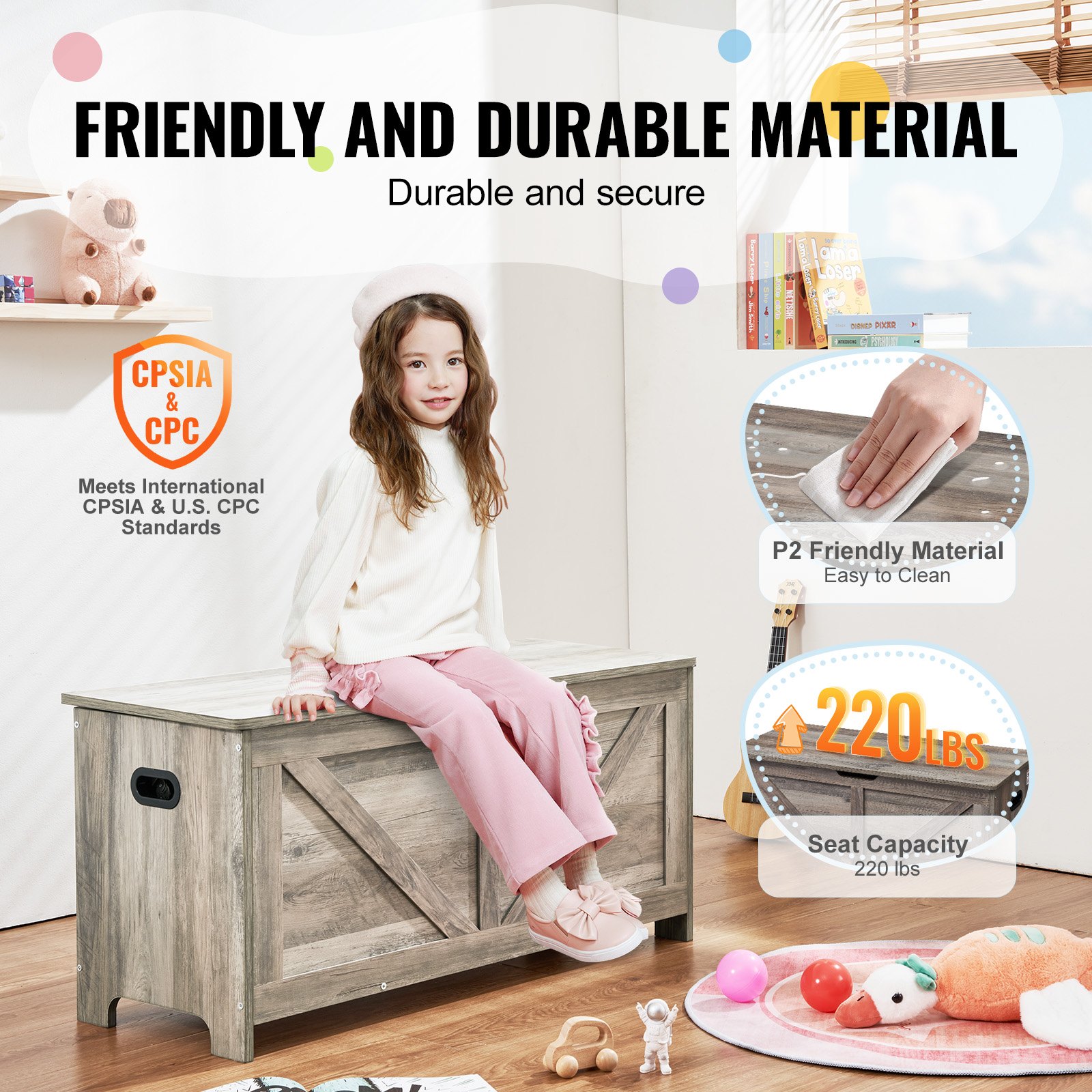 VEVOR Wooden Toy Chest for Kids, Toddler Toy Storage Box with Flip-Top Lid and Safety Hinge, 38.98 x 15.55 x 18.9" Large Kids Storage Bench for Playroom, Bedroom, Living Room or Entryway, Gray