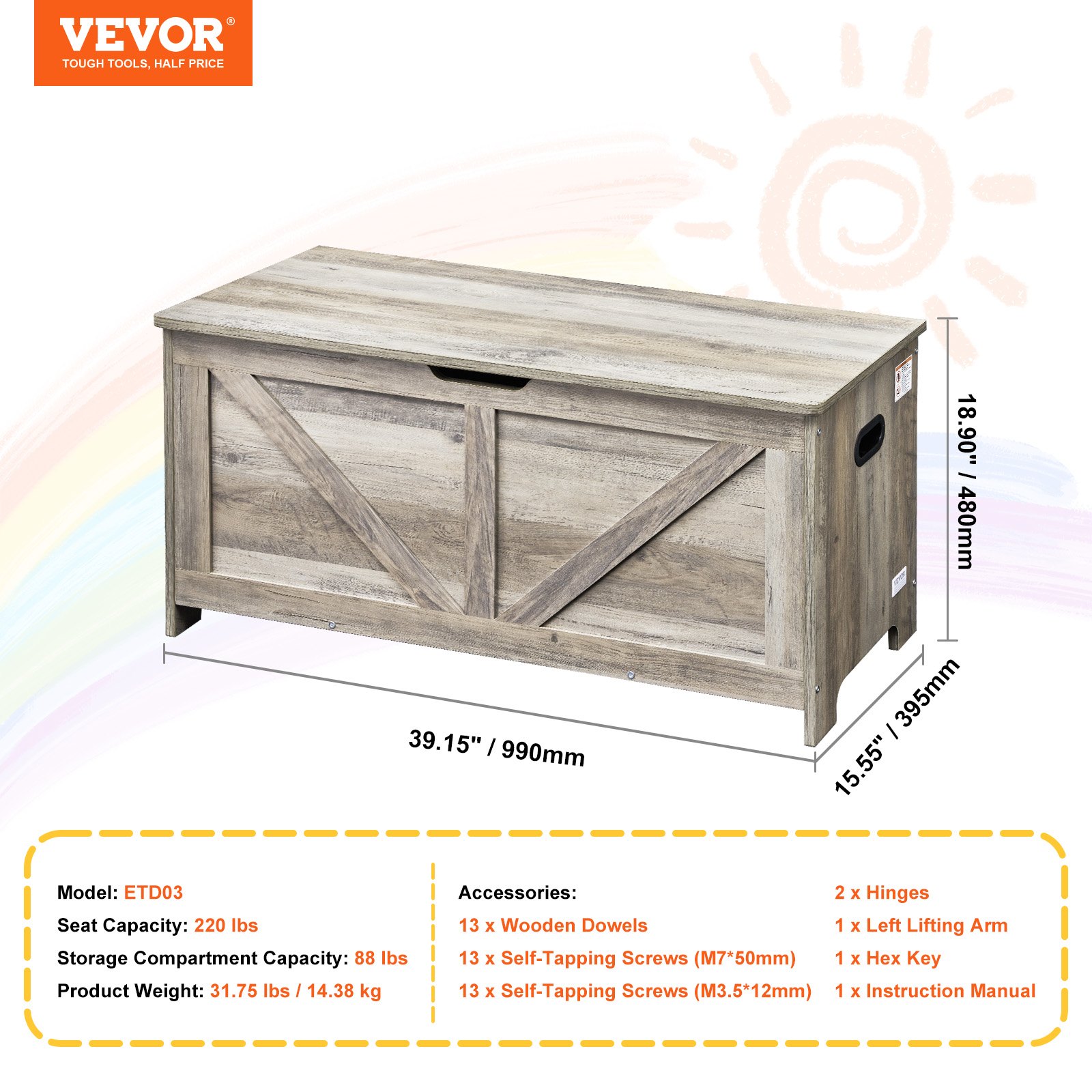 VEVOR Wooden Toy Chest for Kids, Toddler Toy Storage Box with Flip-Top Lid and Safety Hinge, 38.98 x 15.55 x 18.9" Large Kids Storage Bench for Playroom, Bedroom, Living Room or Entryway, Gray