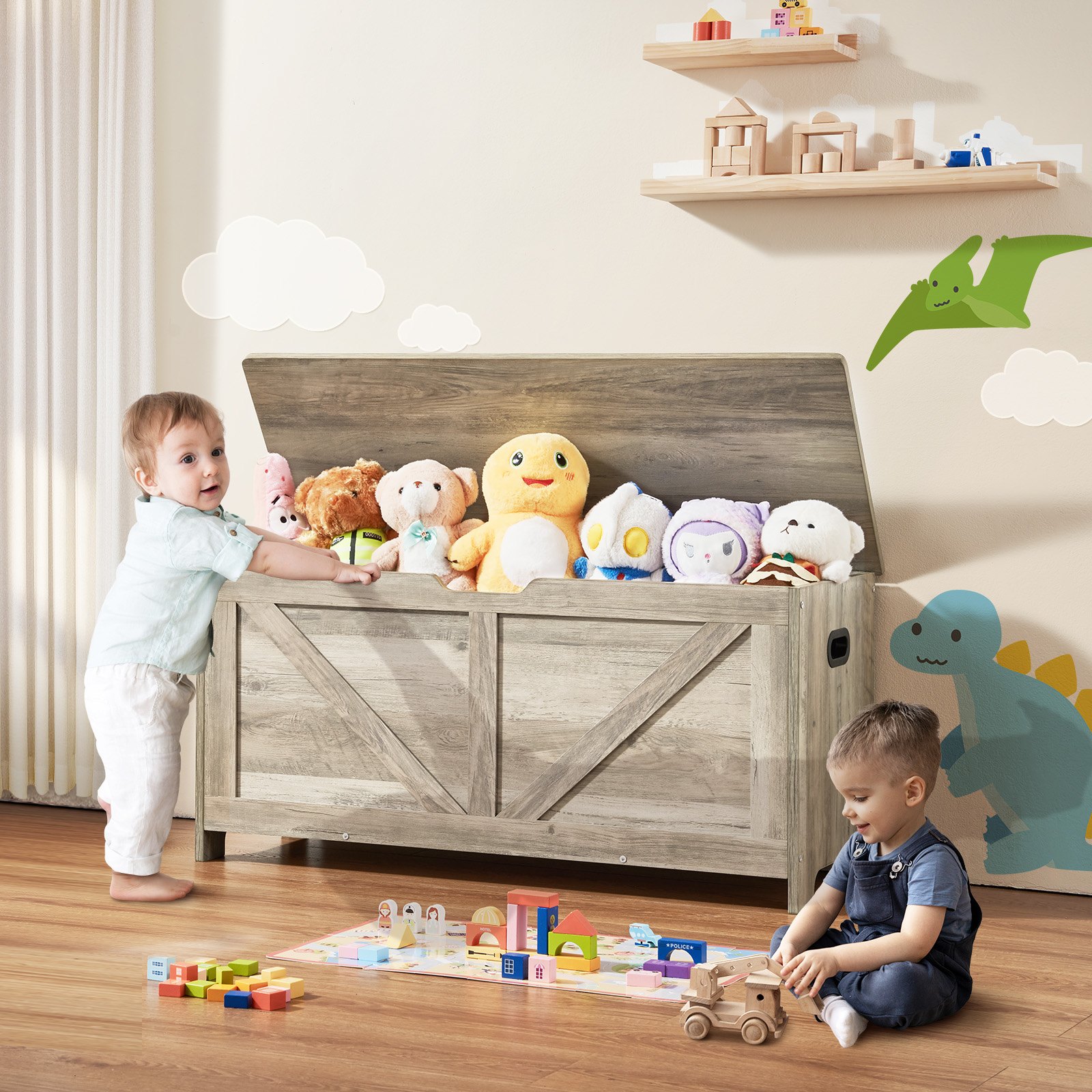 VEVOR Wooden Toy Chest for Kids, Toddler Toy Storage Box with Flip-Top Lid and Safety Hinge, 38.98 x 15.55 x 18.9" Large Kids Storage Bench for Playroom, Bedroom, Living Room or Entryway, Gray