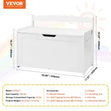 VEVOR Wooden Toy Chest for Kids, Toddler Toy Storage Box with Flip-Top Lid and Safety Hinge, 32.68 x 17.91 x 24.02 Large Kids Storage Bench for Playroom, Bedroom, Living Room or Entryway, White