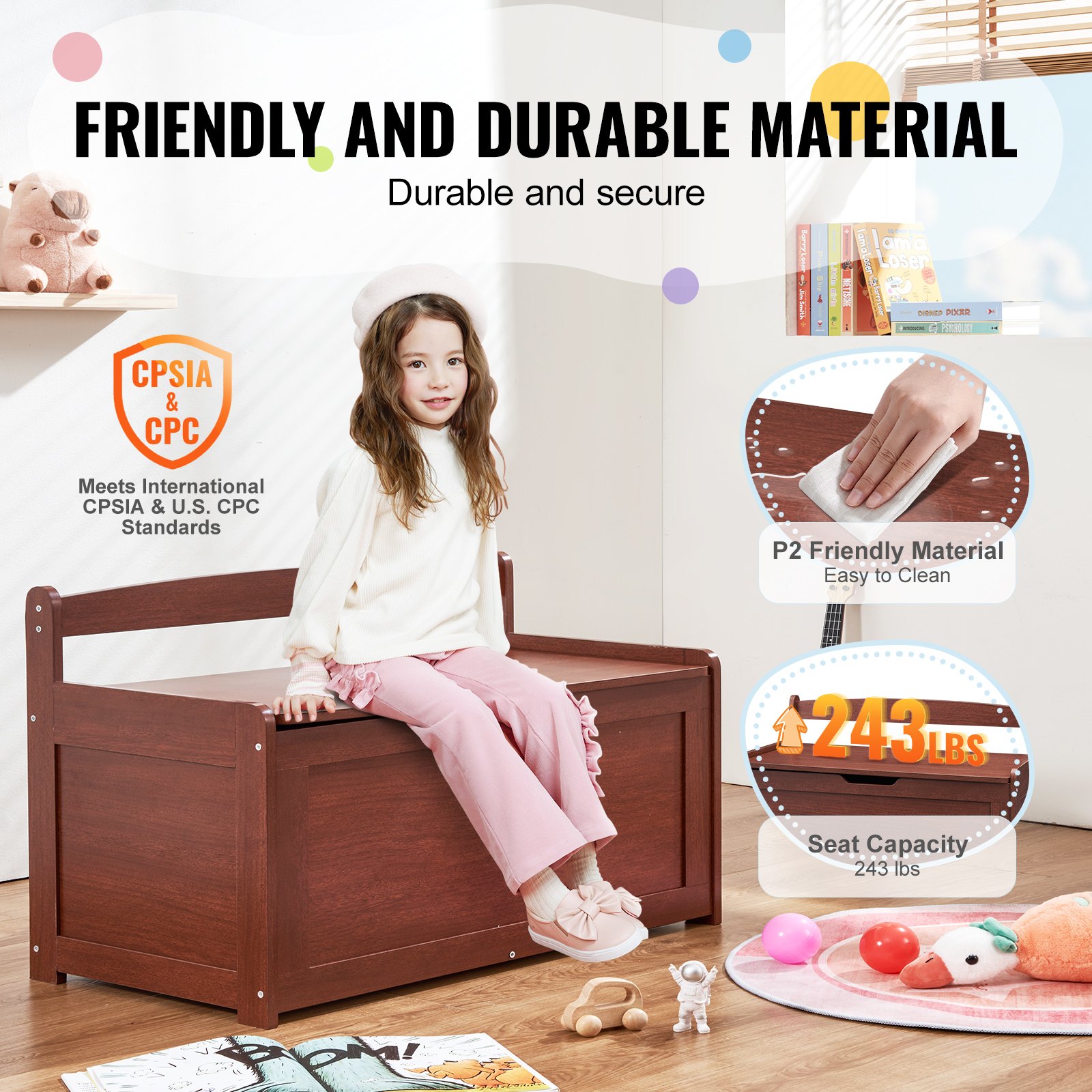 VEVOR Wooden Toy Chest for Kids, Toddler Toy Storage Box with Flip-Top Lid and Safety Hinge, 32.68 x 17.91 x 24.02" Large Kids Storage Bench for Playroom, Bedroom, Living Room or Entryway, Cherry