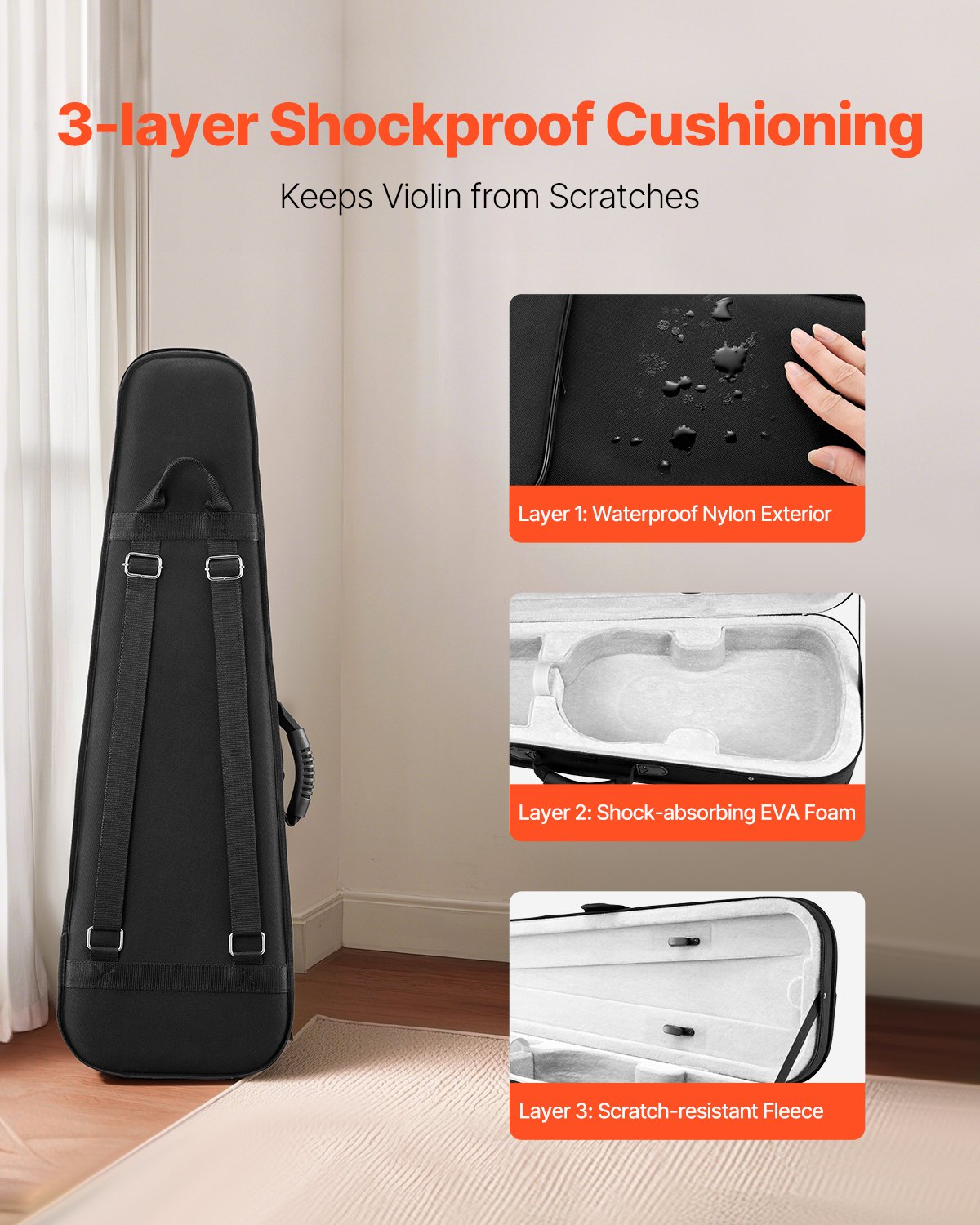 VEVOR 4/4 Full Size Violin Case, Nylon Waterproof, Lightweight Portable Travel Carrying Bag, with Plush Lining, Dual Shoulder Straps, Anti-Scratch, Professional Triangular Shape, for Violin, Black