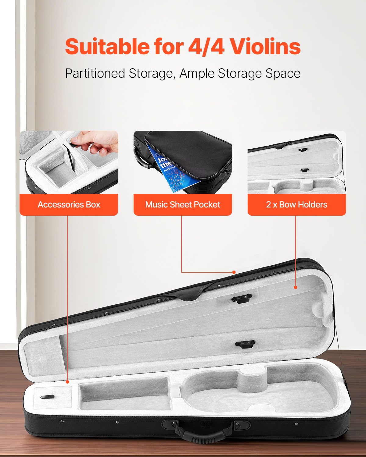 VEVOR 4/4 Full Size Violin Case, Nylon Waterproof, Lightweight Portable Travel Carrying Bag, with Plush Lining, Dual Shoulder Straps, Anti-Scratch, Professional Triangular Shape, for Violin, Black