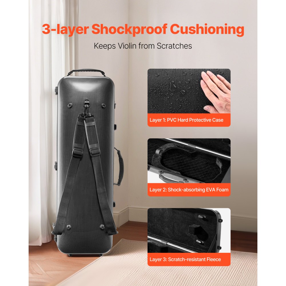 VEVOR 4/4 Full Size Violin Case, Built-in Hygrometer, Lightweight Portable Travel Carrying Bag, with Plush Lining, Shoulder Straps, Anti-Scratch, Professional Oblong Shape, for Violin, Black
