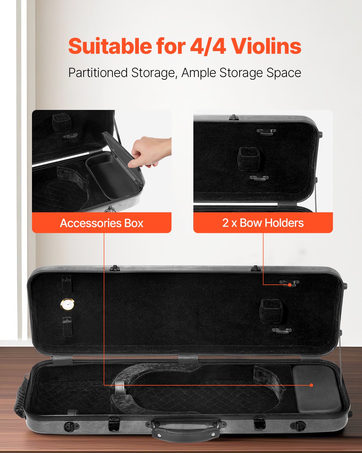 VEVOR 4/4 Full Size Violin Case, Built-in Hygrometer, Lightweight Portable Travel Carrying Bag, with Plush Lining, Shoulder Straps, Anti-Scratch, Professional Oblong Shape, for Violin, Black