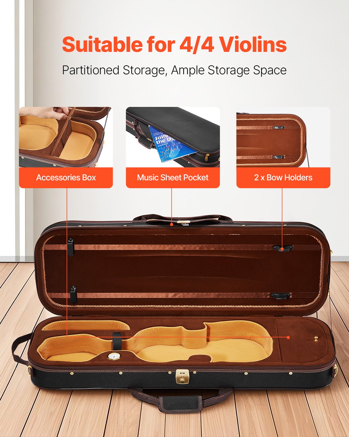 VEVOR 4/4 Full Size Violin Case, Built-in Hygrometer, Lightweight Portable Travel Carrying Bag, with Plush Lining, Shoulder Straps, Anti-Scratch, Professional Oblong Shape, for Violin, Black