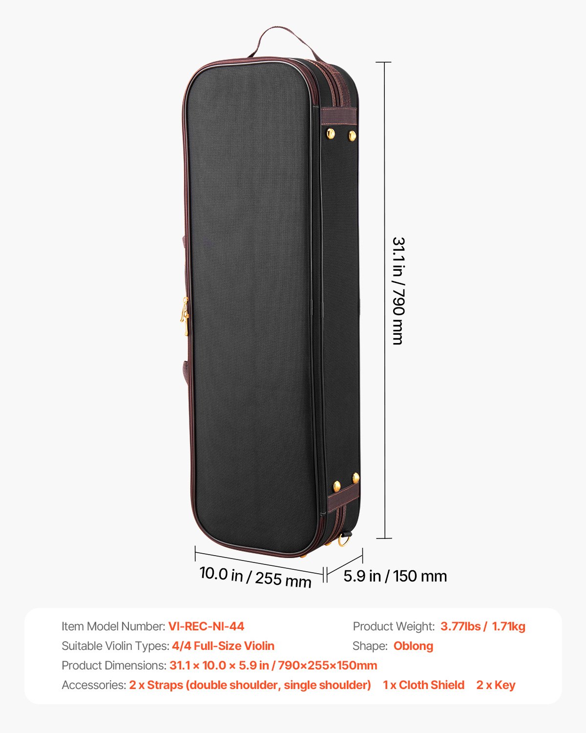 VEVOR 4/4 Full Size Violin Case, Built-in Hygrometer, Lightweight Portable Travel Carrying Bag, with Plush Lining, Shoulder Straps, Anti-Scratch, Professional Oblong Shape, for Violin, Black