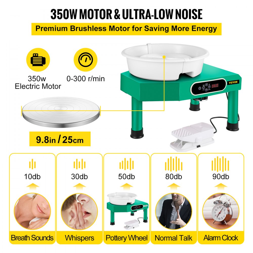 VEVOR Pottery Wheel 9.8\" LCD Touch Screen Pottery Wheel Forming Machine,350W Electric DIY Clay Sculpting Tools with Foot Pedal & Detachable ABS Basin for Adults and Beginners Art Craft (Green)