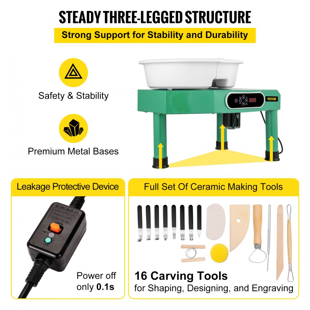 VEVOR Pottery Wheel 9.8\" LCD Touch Screen Pottery Wheel Forming Machine,350W Electric DIY Clay Sculpting Tools with Foot Pedal & Detachable ABS Basin for Adults and Beginners Art Craft (Green)