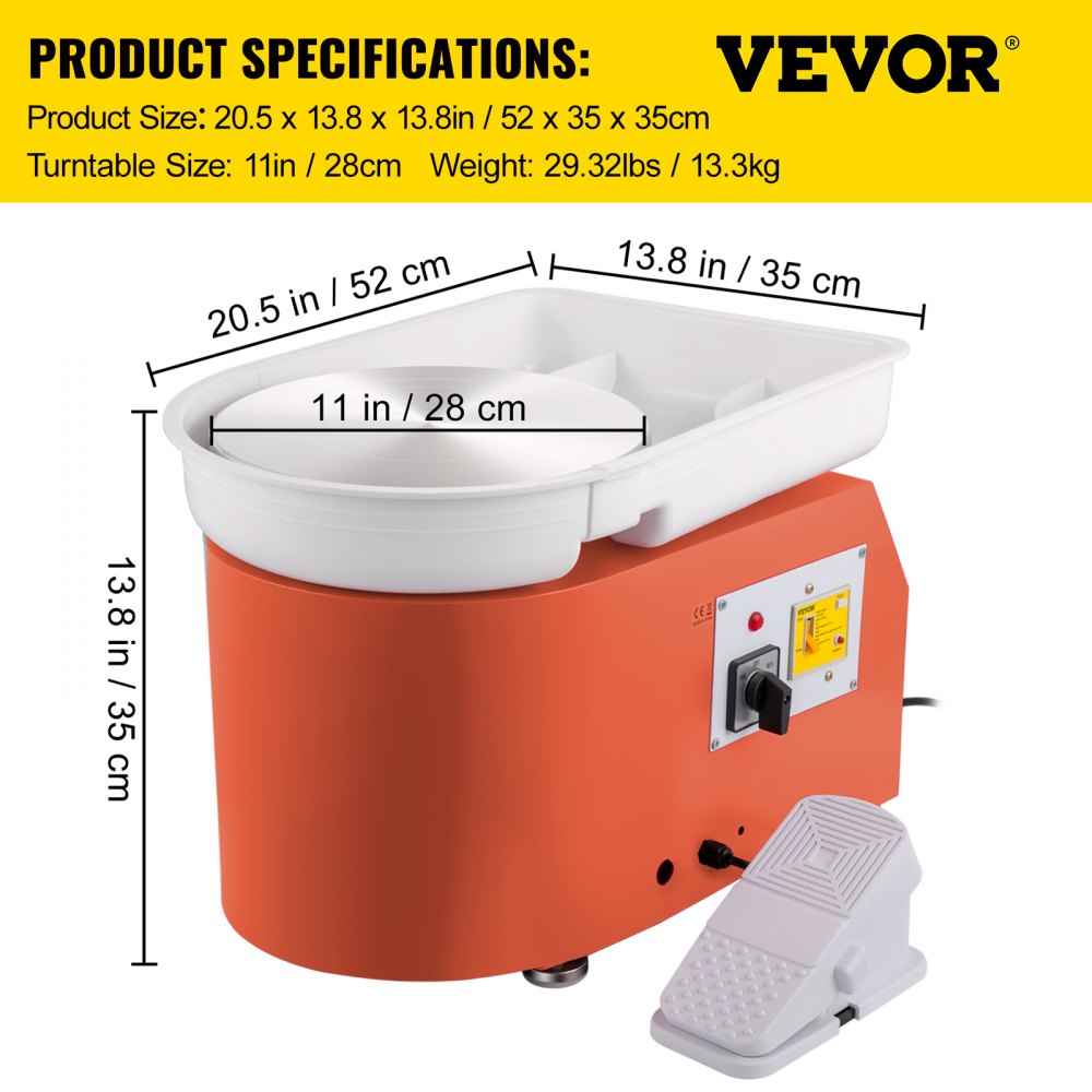 VEVOR Pottery Wheel 27.9 cm 0-300 RPM Ceramic Wheel, 350W Adjustable Speed Forming Machine with Sculpting Tools and Apron, Detachable Basin Foot Pedal Control for Art Craft Work and Home DIY Orange