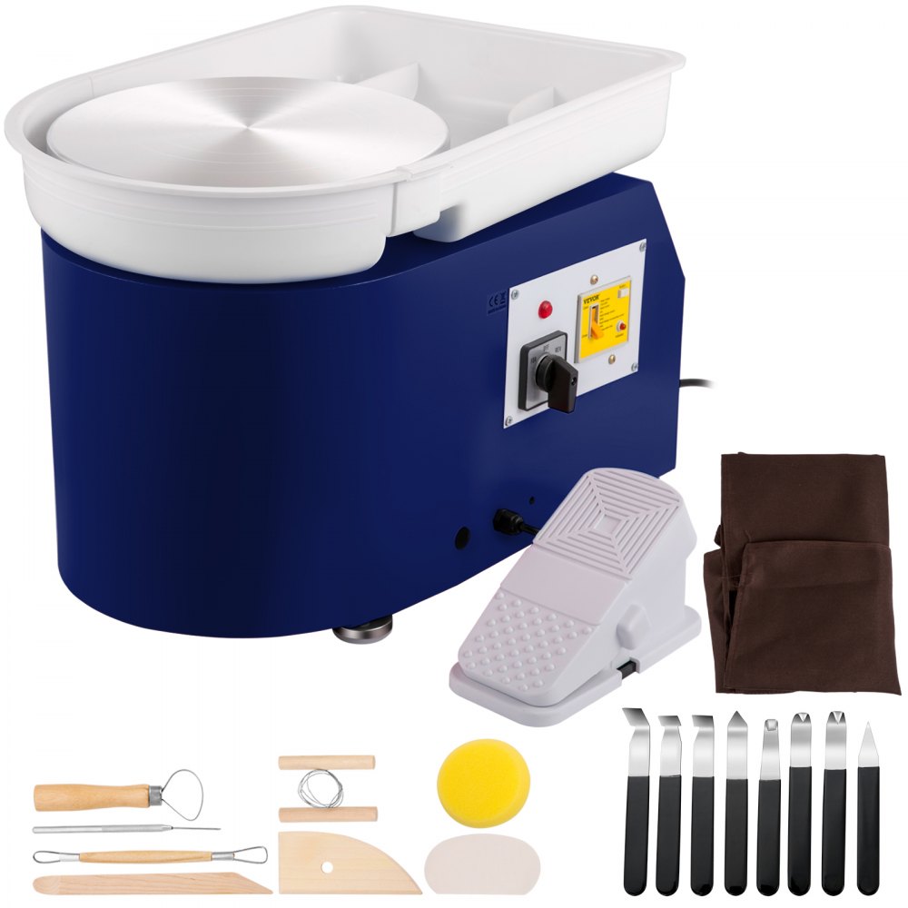 VEVOR Rueda de Alfarería Máquina Formadora de Cerámica de 28 cm con Control de Pedal de Lavabo Desmontable 350 W Herramienta de Arcilla para Manualidades Artísticas y Bricolaje en el Hogar Azul, 18 Piezas