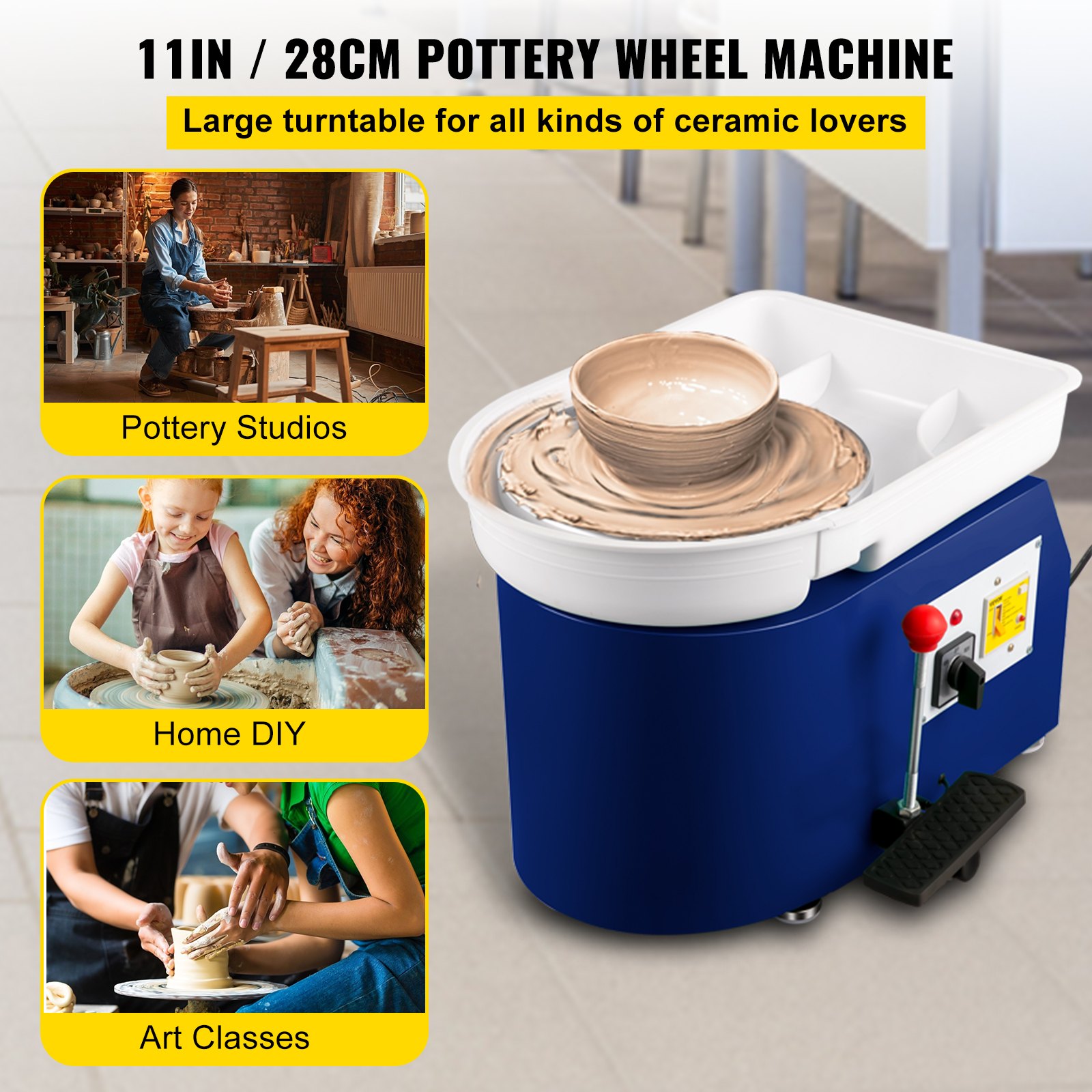 VEVOR Pottery Wheel 11in 0-300 RPM Ceramic Wheel, 350W Adjustable Speed Forming Machine, Sculpting Tools Apron, Detachable Basin Manual and Foot Pedal Control for Art Craft Work and Home DIY Blue