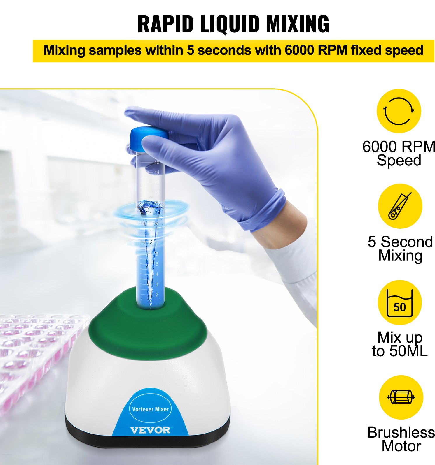 VEVOR Vortex Mixer, 6000RPM Mini Vortex Mixer Shaker, Touch Function Scientific Lab Vortex Shaker, Mix Up to 50ML, 6mm Orbital Diameter for Test Tube, Nail Polish, Eyelash Adhesives, Paint