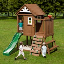 VEVOR Outdoor Wooden Playhouse Kids Garden Game Cottage with Slide Ladder Window