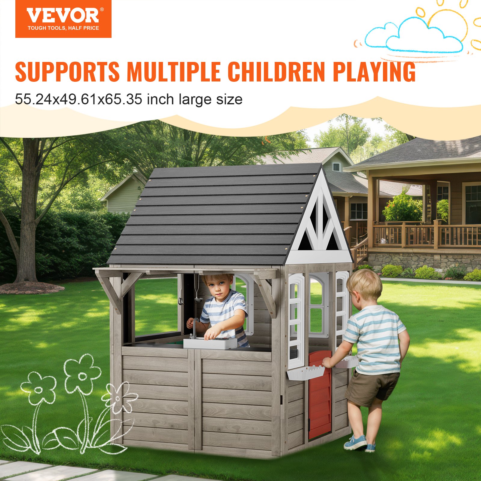 VEVOR Outdoor Wooden Playhouse, Modern Cedar Playhouse for Age 2-10 Years Kids, Garden Games Cottage, Country Style Cedar Playhouse with Working Door, Window, Flower Pot Holder, Grill, Stove, and Sink