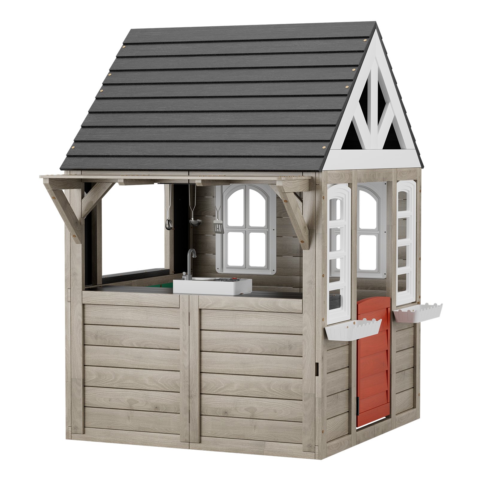 VEVOR Outdoor Wooden Playhouse, Modern Cedar Playhouse for Age 2-10 Years Kids, Garden Games Cottage, Country Style Cedar Playhouse with Working Door, Window, Flower Pot Holder, Grill, Stove, and Sink
