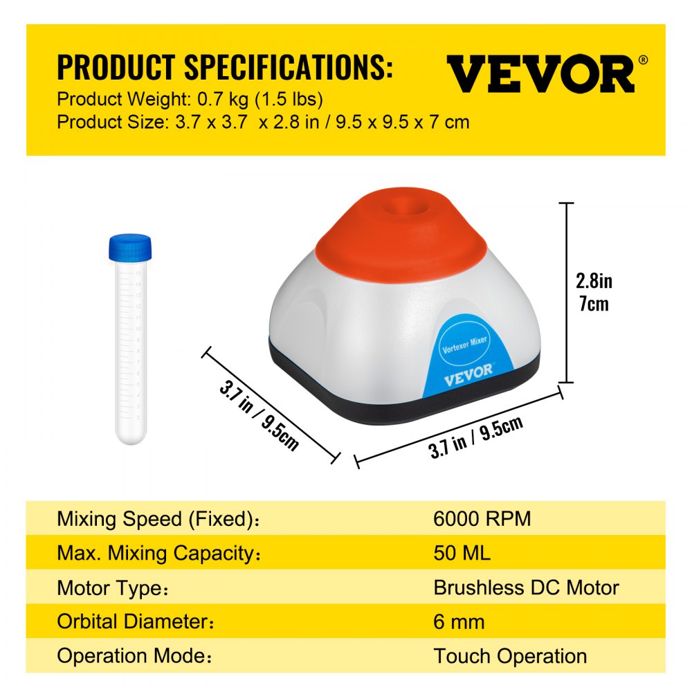 VEVOR Mezclador Vortex, 6000rpm Mini Mezclador Vortex Función Táctil Agitador Vortex de Carga USB, Mezcla hasta 50ML 6mm Diámetro Orbital para Pintura Tatuaje Tinta Tubo de Ensayo Esmalte de Uñas, Tubo de Ensayo Incluido