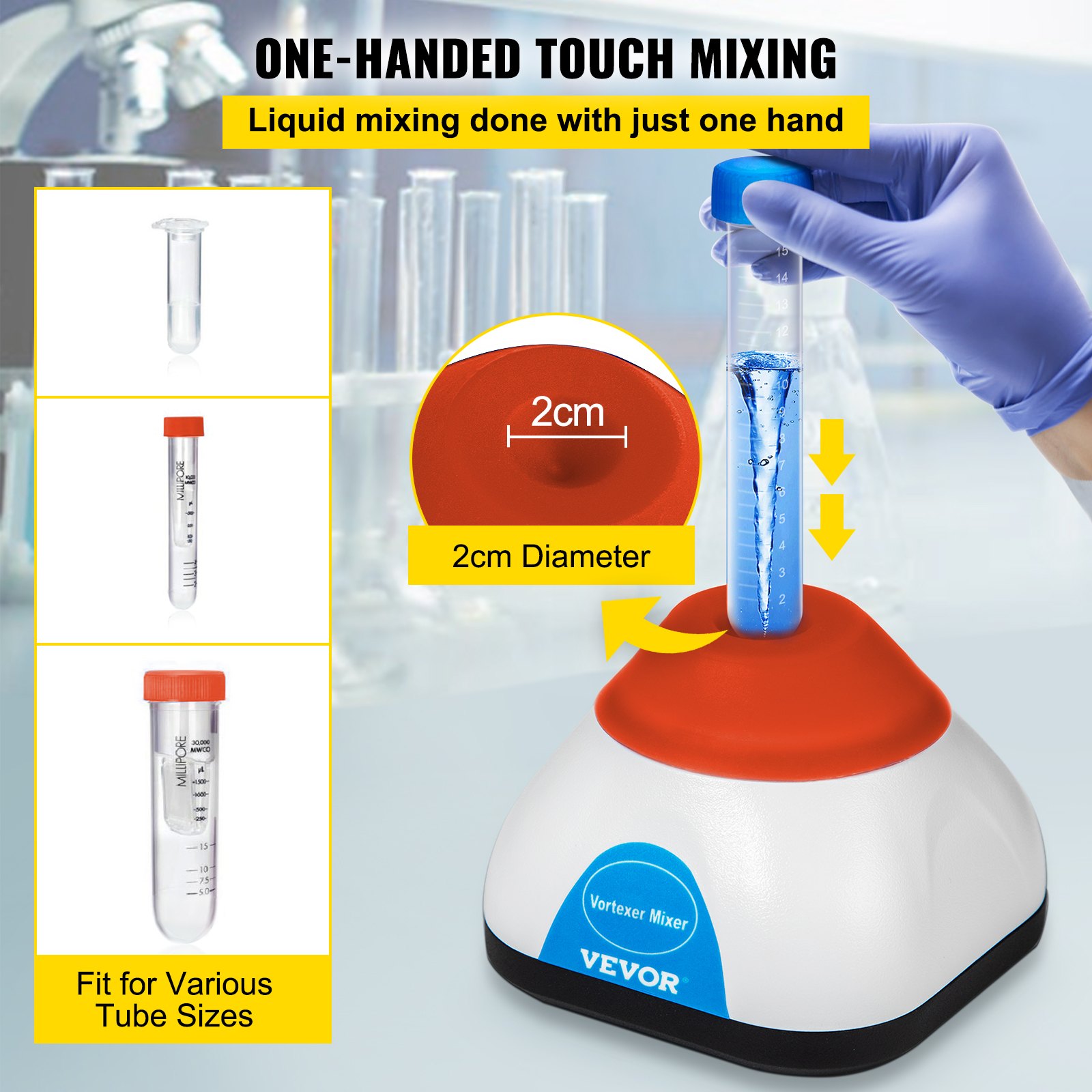 VEVOR Vortex Mixer, 6000RPM Mini Vortex Mixer Shaker, Touch Function Scientific Lab Vortex Shaker, Mix Up to 50ML, 6mm Orbital Diameter for Test Tube, Nail Polish, Eyelash Adhesives, Paint