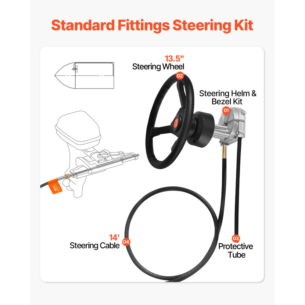 VEVOR Outboard Steering System Kit, 14' Boat Steering Cable, Standard 3/4" Tapered Shaft, 13.5" Steering Wheel, Alloy Marine Steering System, for Yachts, for Yachts, Fishing Boats, And Others