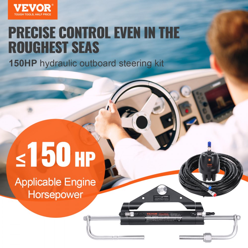 VEVOR Hydraulic Outboard Steering Kit, 112 kW(150HP), Marine Boat Hydraulic Steering System, with Helm Pump Two-Way Lock Cylinder and 6.1 m(20 Feet) Hydraulic Steering Hose, for Single Station Single-Engine Boats