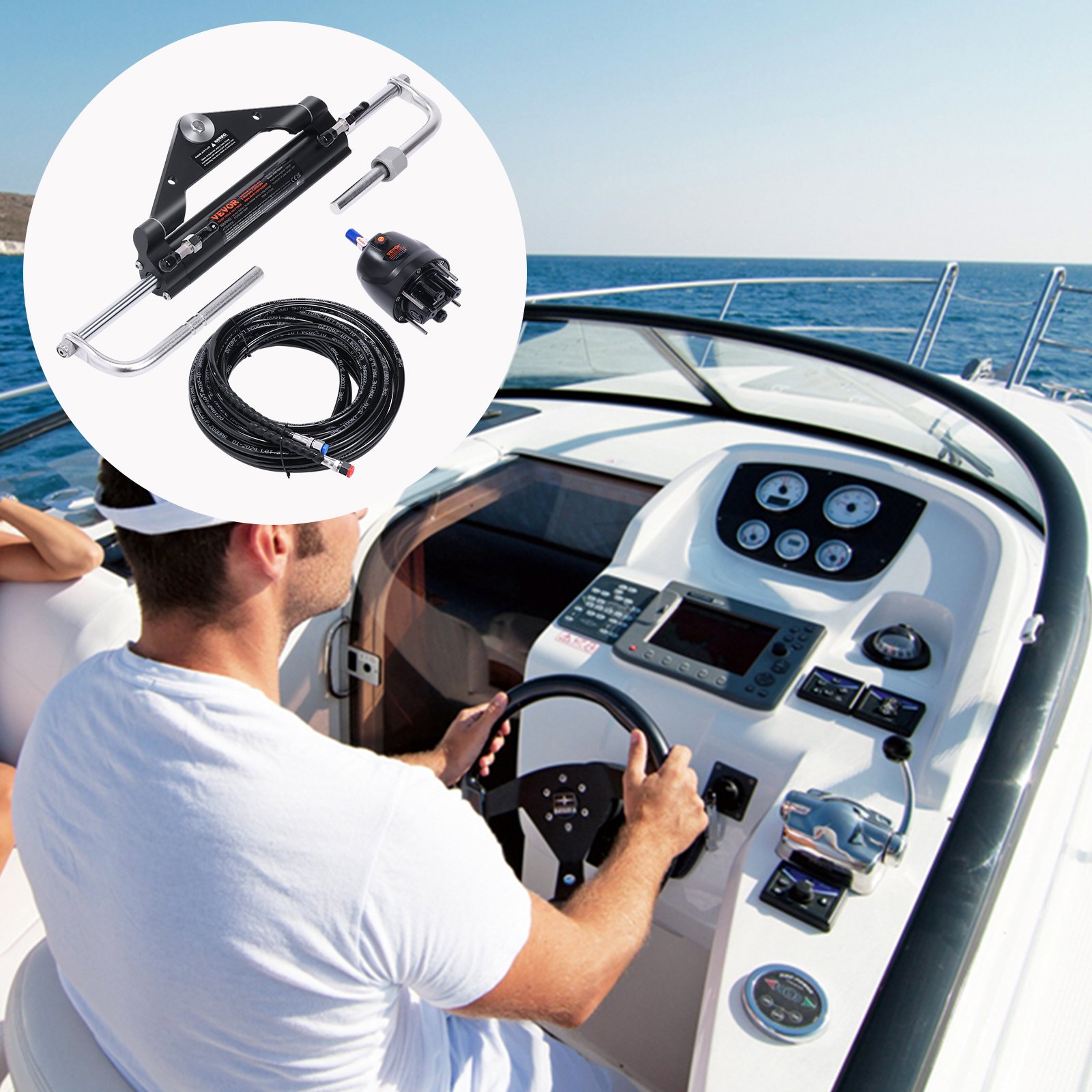 VEVOR Hydraulic Outboard Steering Kit, 112 kW(150HP), Marine Boat Hydraulic Steering System, with Helm Pump Two-Way Lock Cylinder and 6.1 m(20 Feet) Hydraulic Steering Hose, for Single Station Single-Engine Boats