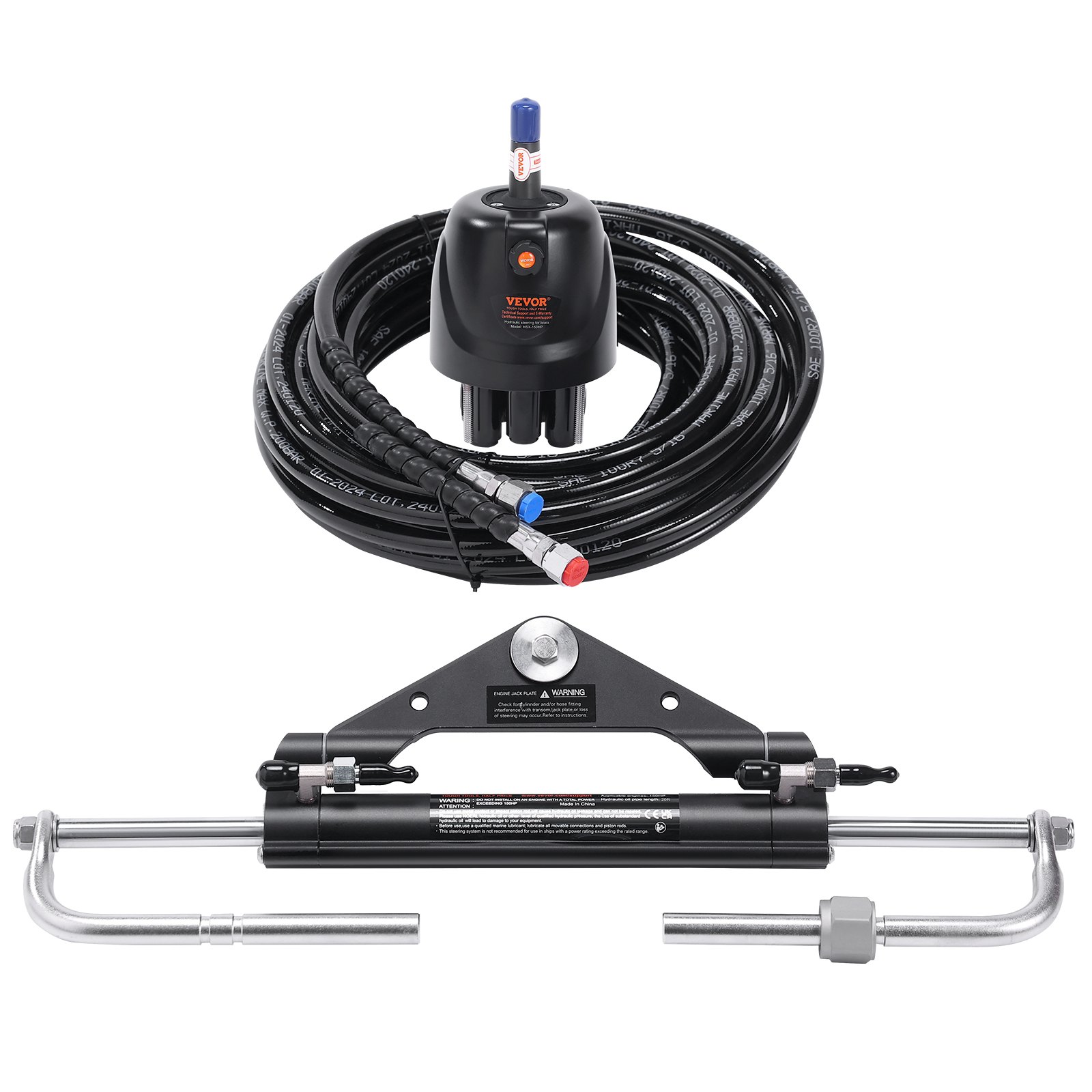 VEVOR Hydraulic Outboard Steering Kit, 112 kW(150HP), Marine Boat Hydraulic Steering System, with Helm Pump Two-Way Lock Cylinder and 6.1 m(20 Feet) Hydraulic Steering Hose, for Single Station Single-Engine Boats