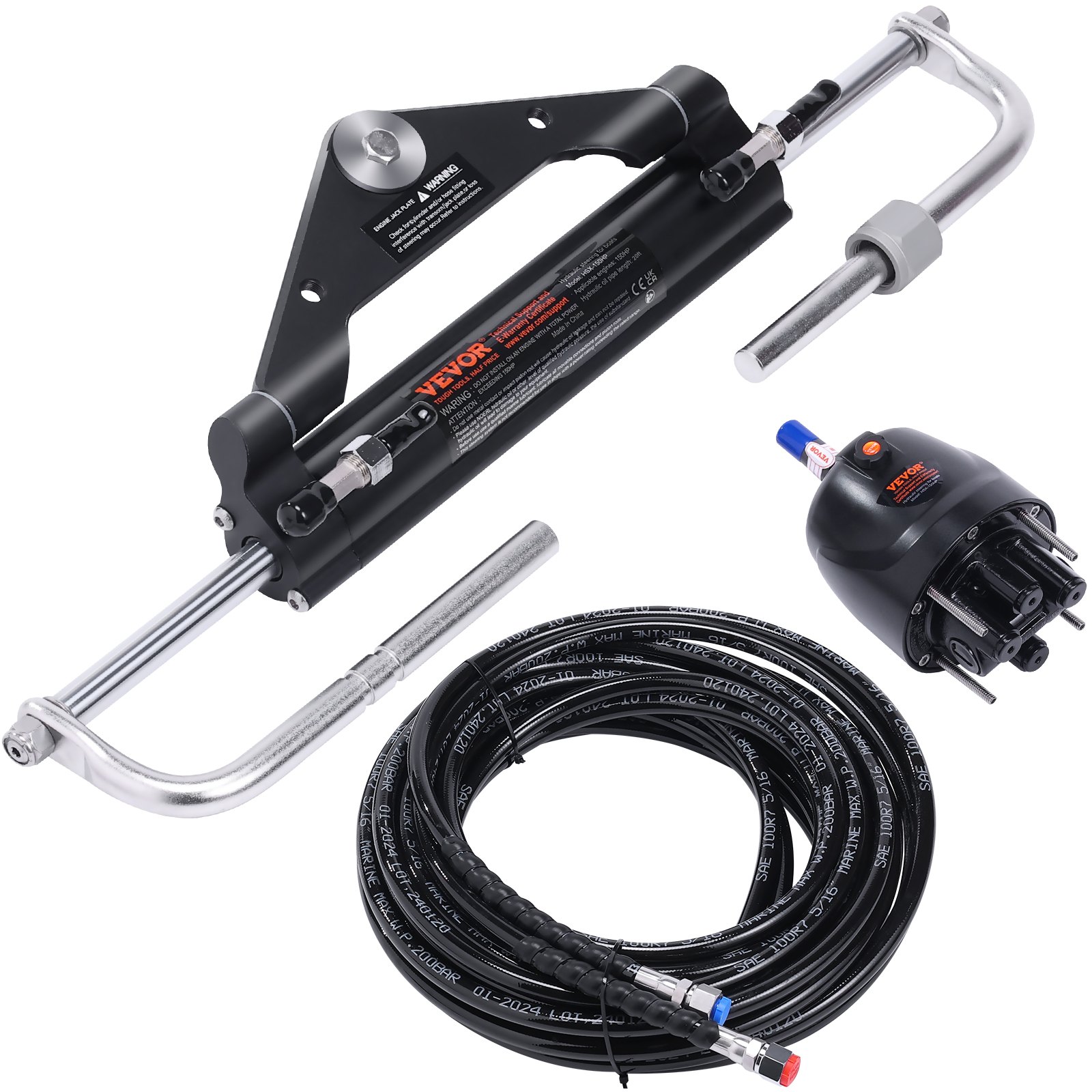 VEVOR Hydraulic Outboard Steering Kit, 112 kW(150HP), Marine Boat Hydraulic Steering System, with Helm Pump Two-Way Lock Cylinder and 6.1 m(20 Feet) Hydraulic Steering Hose, for Single Station Single-Engine Boats