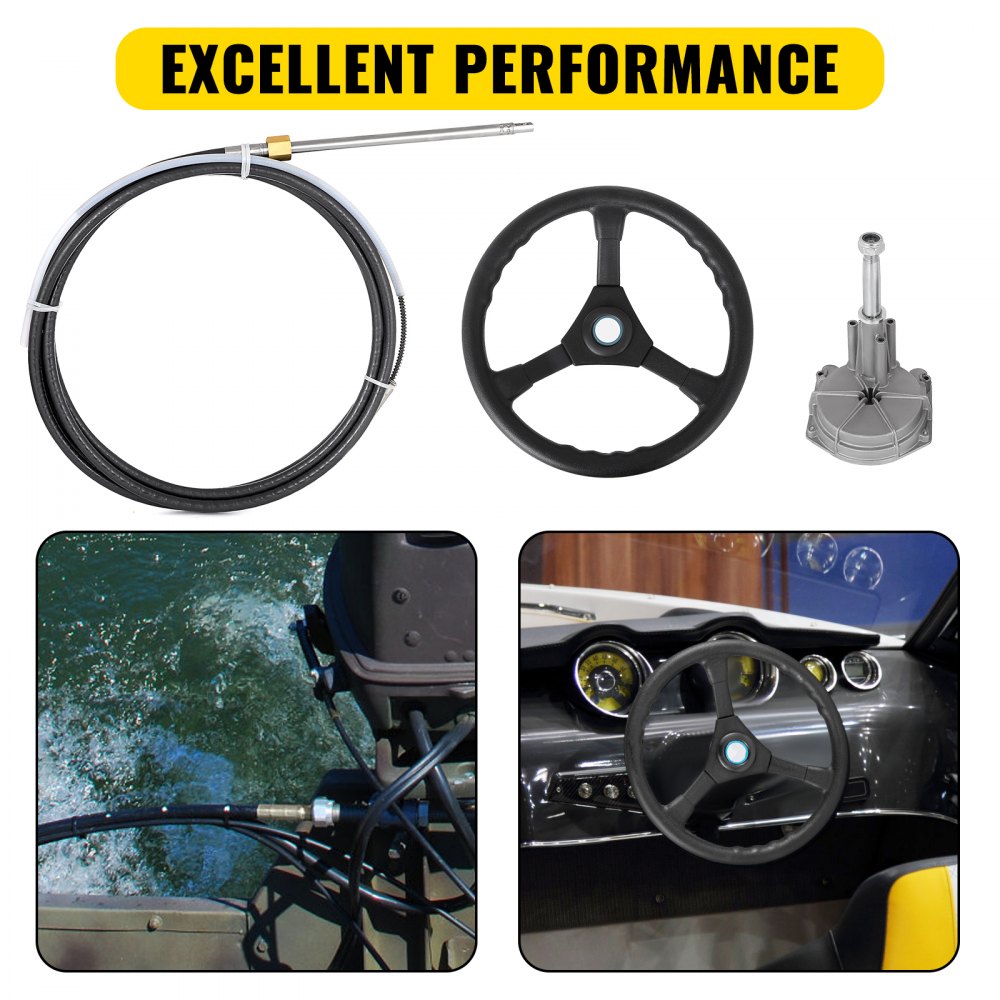 VEVOR Boat Steering Cable 8f eet Quick Connect Rotary Steering System 8' Outboard Steering Cable with 13'' Boat Wheel