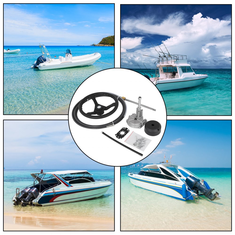 VEVOR Boat Steering Cable 8f eet Quick Connect Rotary Steering System 8' Outboard Steering Cable with 13'' Boat Wheel