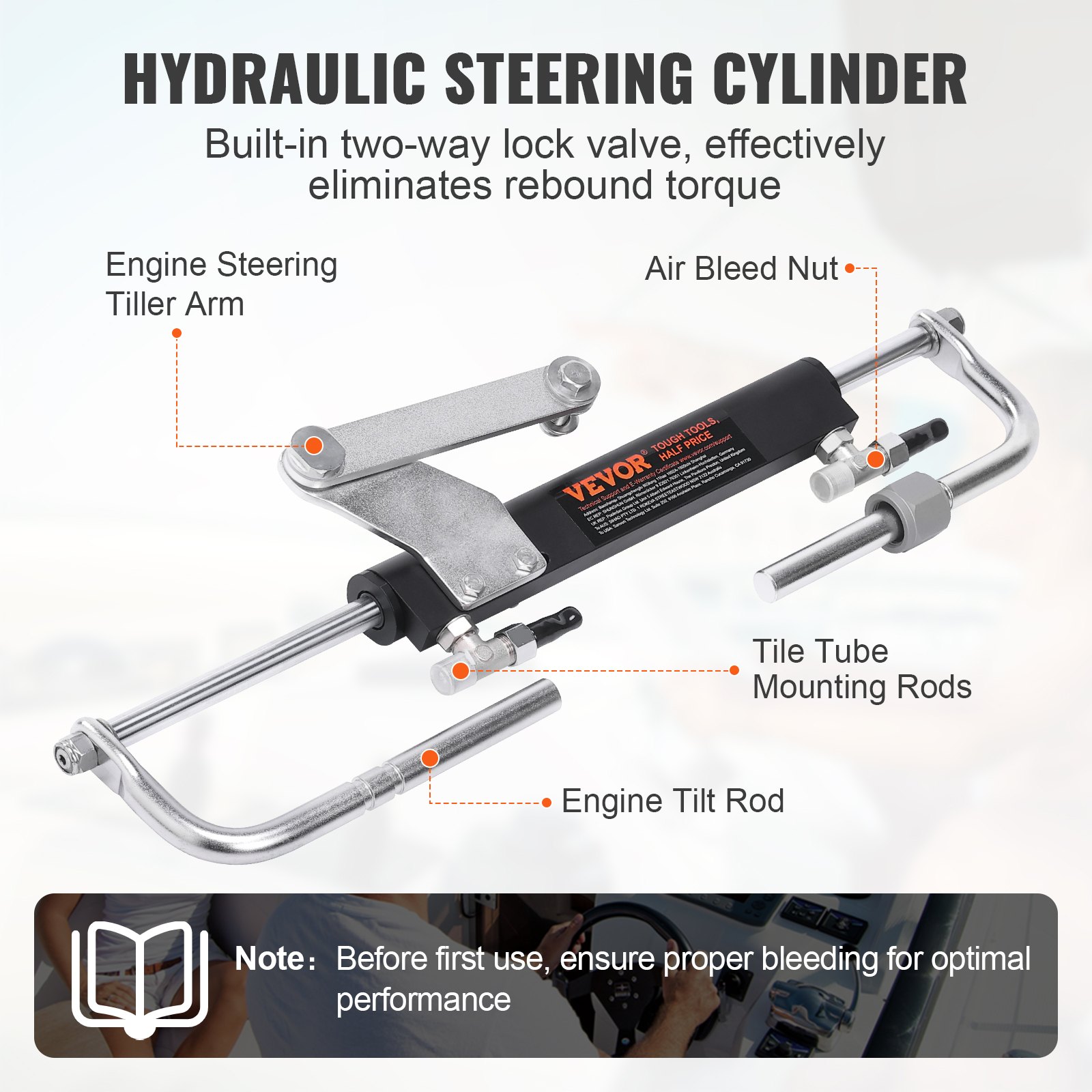 VEVOR Hydraulic Outboard Steering Kit, 90HP, Marine Boat Hydraulic Steering System, with Helm Pump Two-Way Lock Cylinder and 20 Feet Hydraulic Steering Hose, for Single Station Single-Engine Boats
