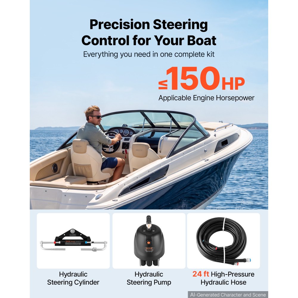 VEVOR Hydraulic Steering Kit 150HP Hydraulic Outboard Steering System 7.32m, Marine Boat Steering System, 2.5 MPa Helm Pump, Two-Way Lock Cylinder, 7.32 m High-Strength Hoses, for Single-Engine Use