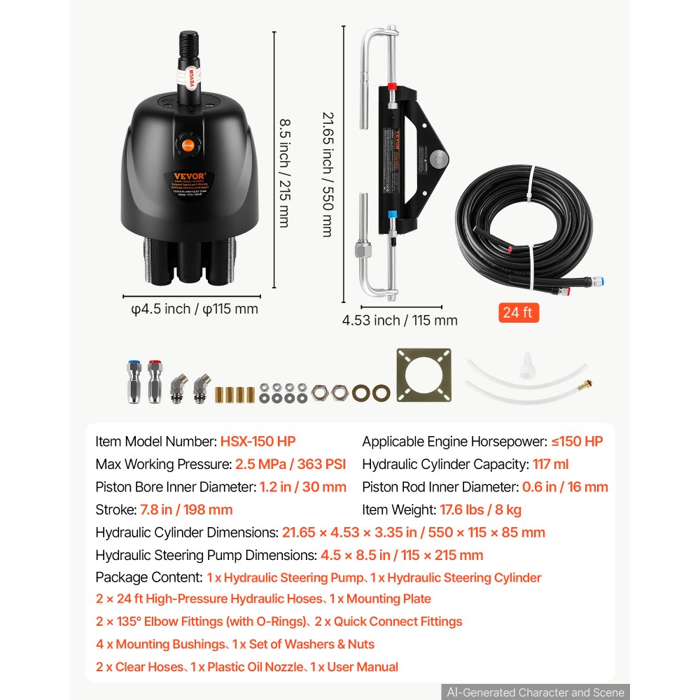 VEVOR Hydraulic Steering Kit 150HP Hydraulic Outboard Steering System 7.32m, Marine Boat Steering System, 2.5 MPa Helm Pump, Two-Way Lock Cylinder, 7.32 m High-Strength Hoses, for Single-Engine Use