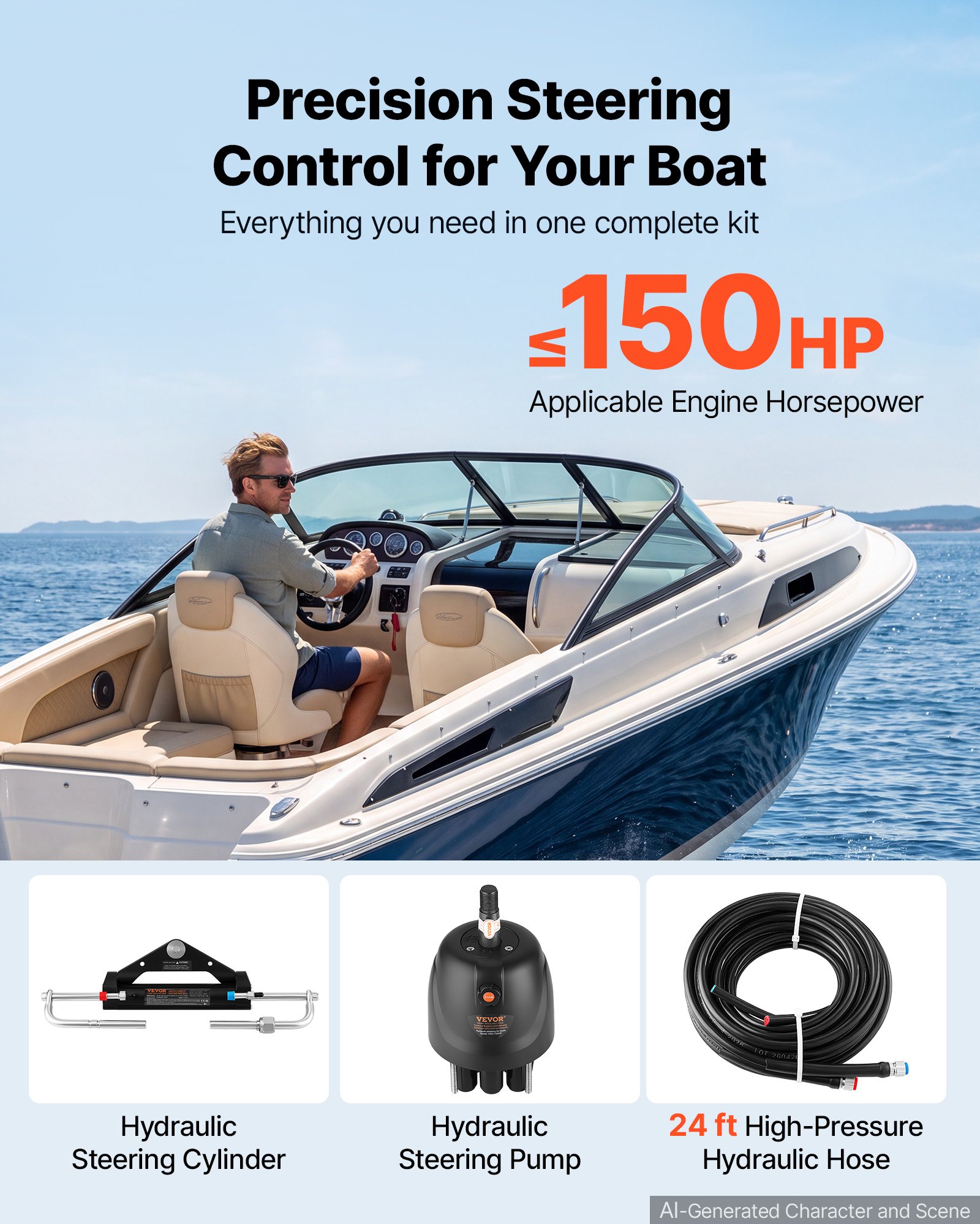 VEVOR Hydraulic Steering Kit 150HP Hydraulic Outboard Steering System 7.32m, Marine Boat Steering System, 2.5 MPa Helm Pump, Two-Way Lock Cylinder, 7.32 m High-Strength Hoses, for Single-Engine Use