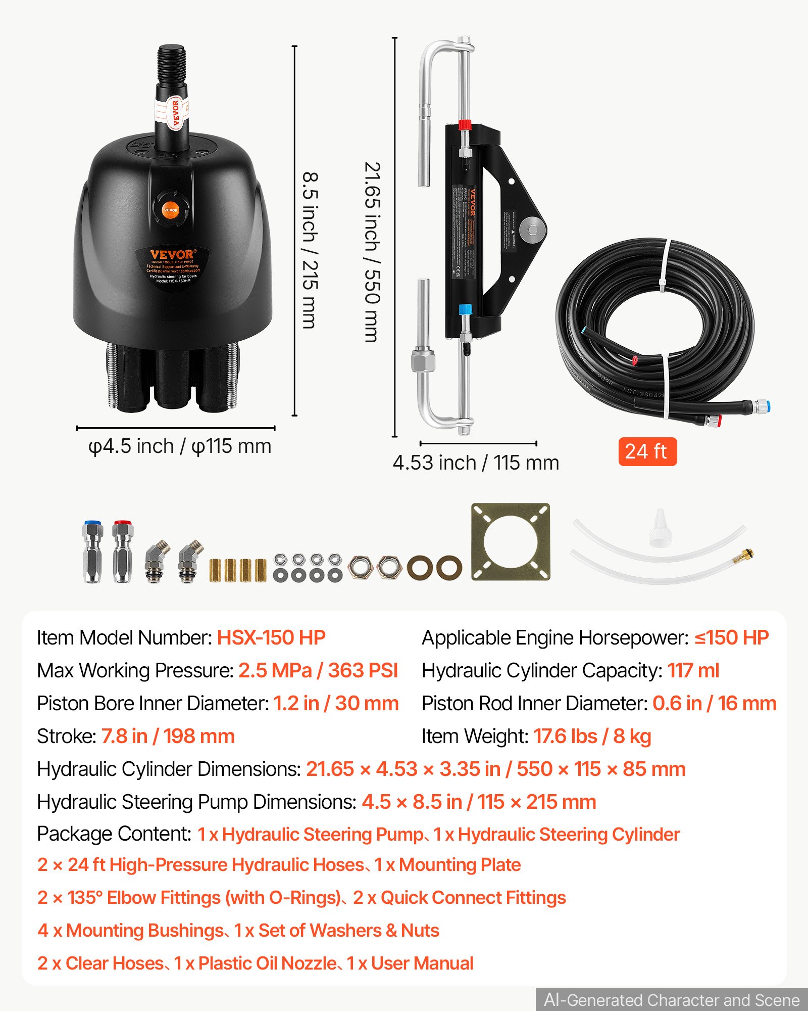 VEVOR Hydraulic Steering Kit 150HP Hydraulic Outboard Steering System 7.32m, Marine Boat Steering System, 2.5 MPa Helm Pump, Two-Way Lock Cylinder, 7.32 m High-Strength Hoses, for Single-Engine Use
