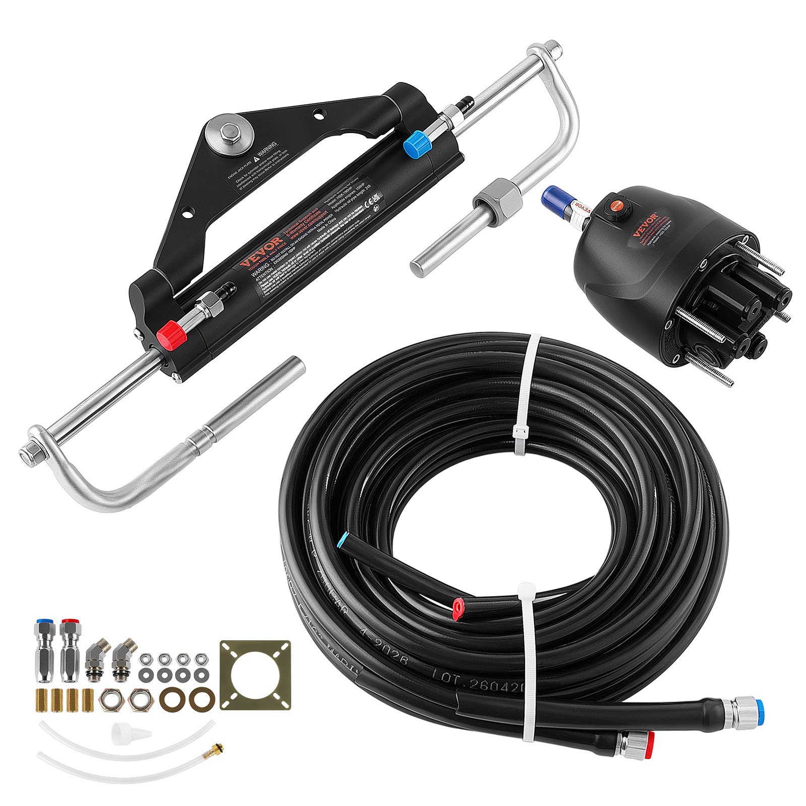 VEVOR Hydraulic Steering Kit 150HP Hydraulic Outboard Steering System 7.32m, Marine Boat Steering System, 2.5 MPa Helm Pump, Two-Way Lock Cylinder, 7.32 m High-Strength Hoses, for Single-Engine Use
