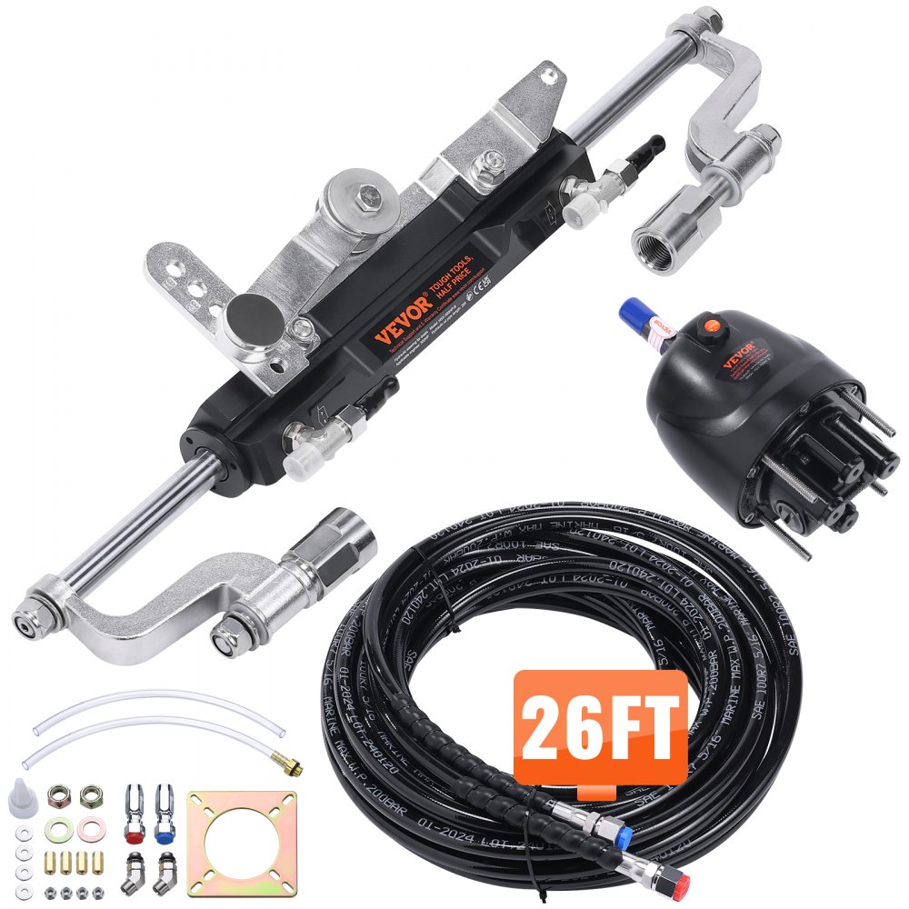 VEVOR outboard steering kit with black hydraulic cylinder, 26ft hose, and connectors.