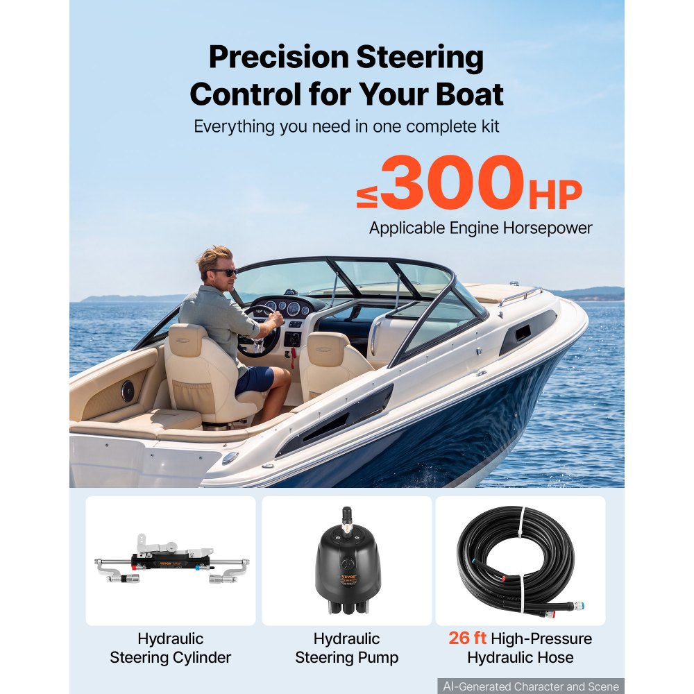 VEVOR Hydraulic Steering Kit 300HP Hydraulic Outboard Steering System 7.92m, Marine Boat Steering System, 2.5 MPa Helm Pump, Two-Way Lock Cylinder, 7.92 m High-Strength Hoses, for Single-Engine Use