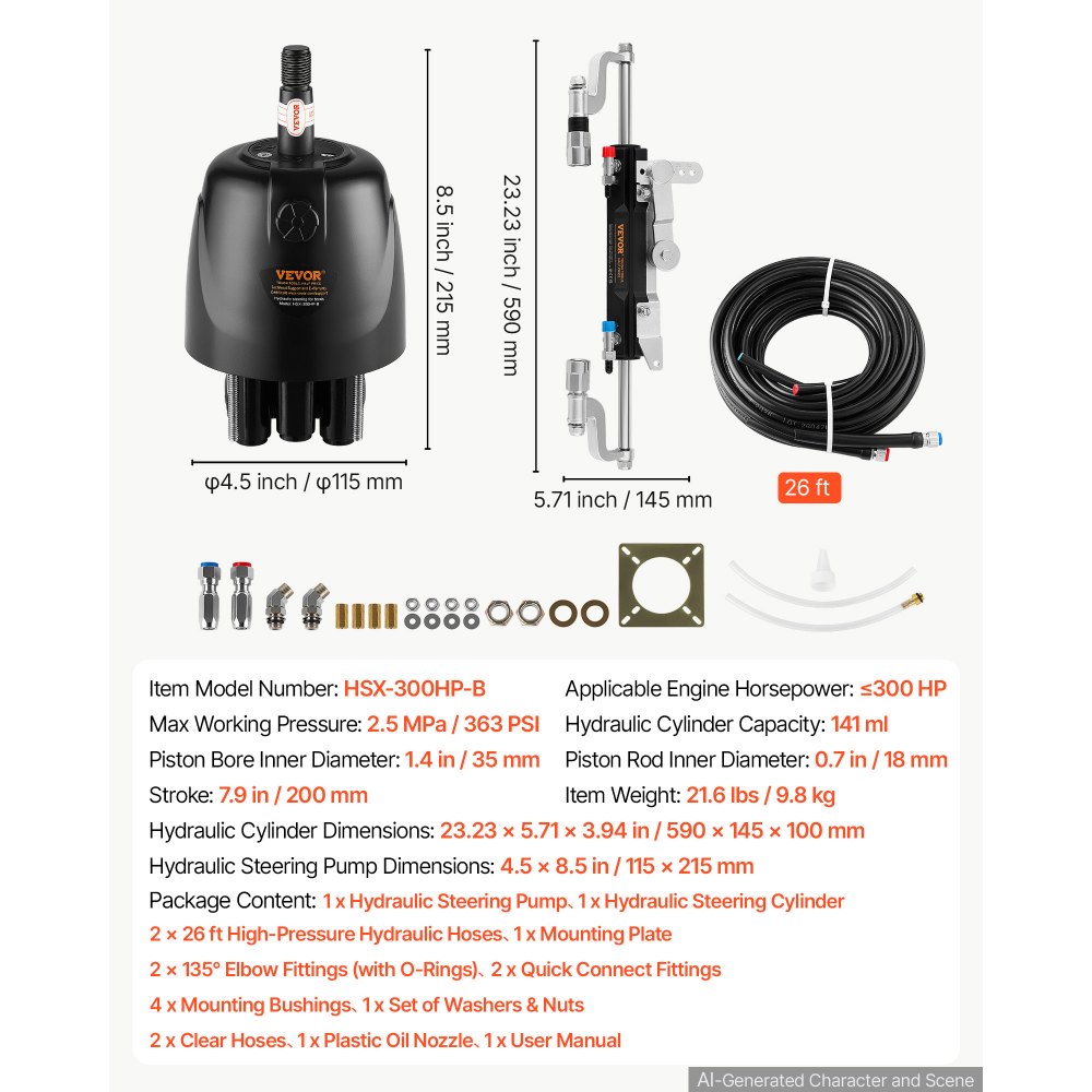 VEVOR Hydraulic Steering Kit 300HP Hydraulic Outboard Steering System 7.92m, Marine Boat Steering System, 2.5 MPa Helm Pump, Two-Way Lock Cylinder, 7.92 m High-Strength Hoses, for Single-Engine Use