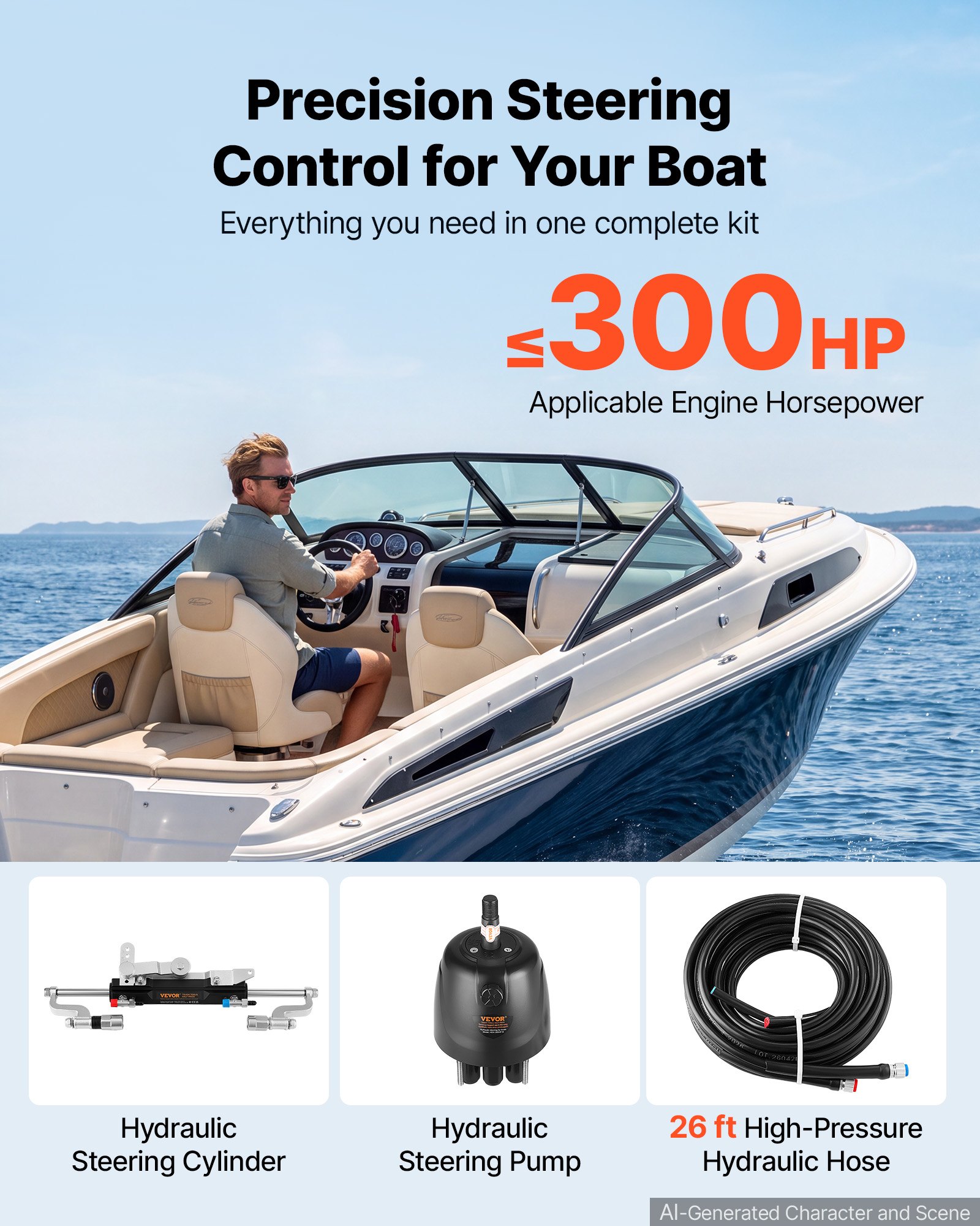 VEVOR Hydraulic Steering Kit 300HP Hydraulic Outboard Steering System 7.92m, Marine Boat Steering System, 2.5 MPa Helm Pump, Two-Way Lock Cylinder, 7.92 m High-Strength Hoses, for Single-Engine Use