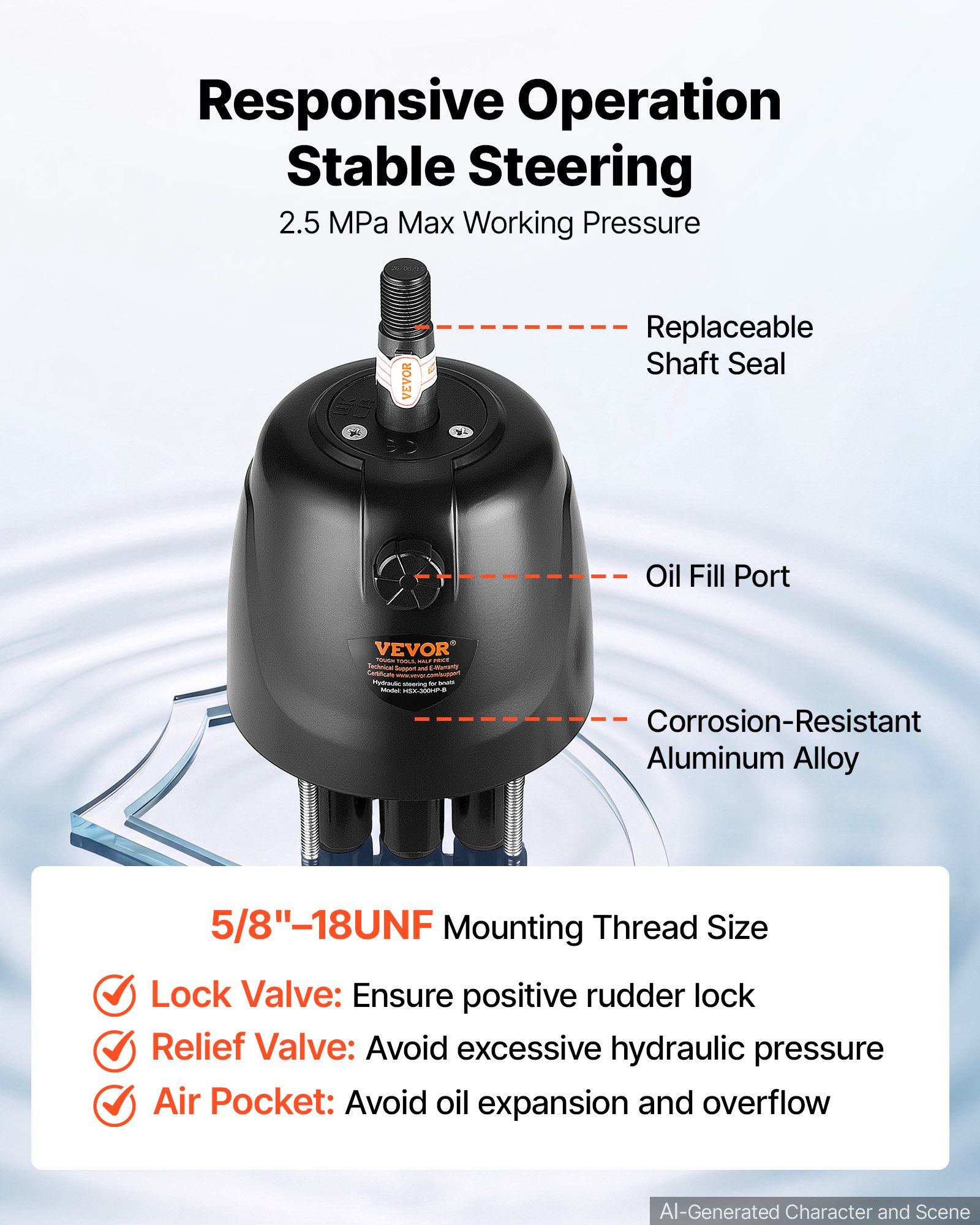 VEVOR Hydraulic Steering Kit 300HP Hydraulic Outboard Steering System 7.92m, Marine Boat Steering System, 2.5 MPa Helm Pump, Two-Way Lock Cylinder, 7.92 m High-Strength Hoses, for Single-Engine Use