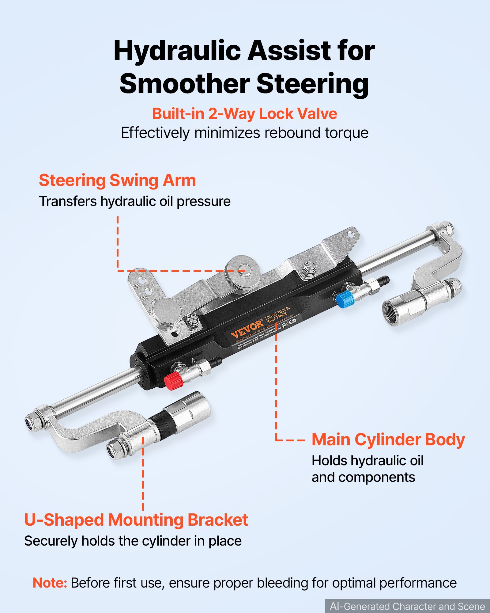 VEVOR Hydraulic Steering Kit 300HP Hydraulic Outboard Steering System 7.92m, Marine Boat Steering System, 2.5 MPa Helm Pump, Two-Way Lock Cylinder, 7.92 m High-Strength Hoses, for Single-Engine Use