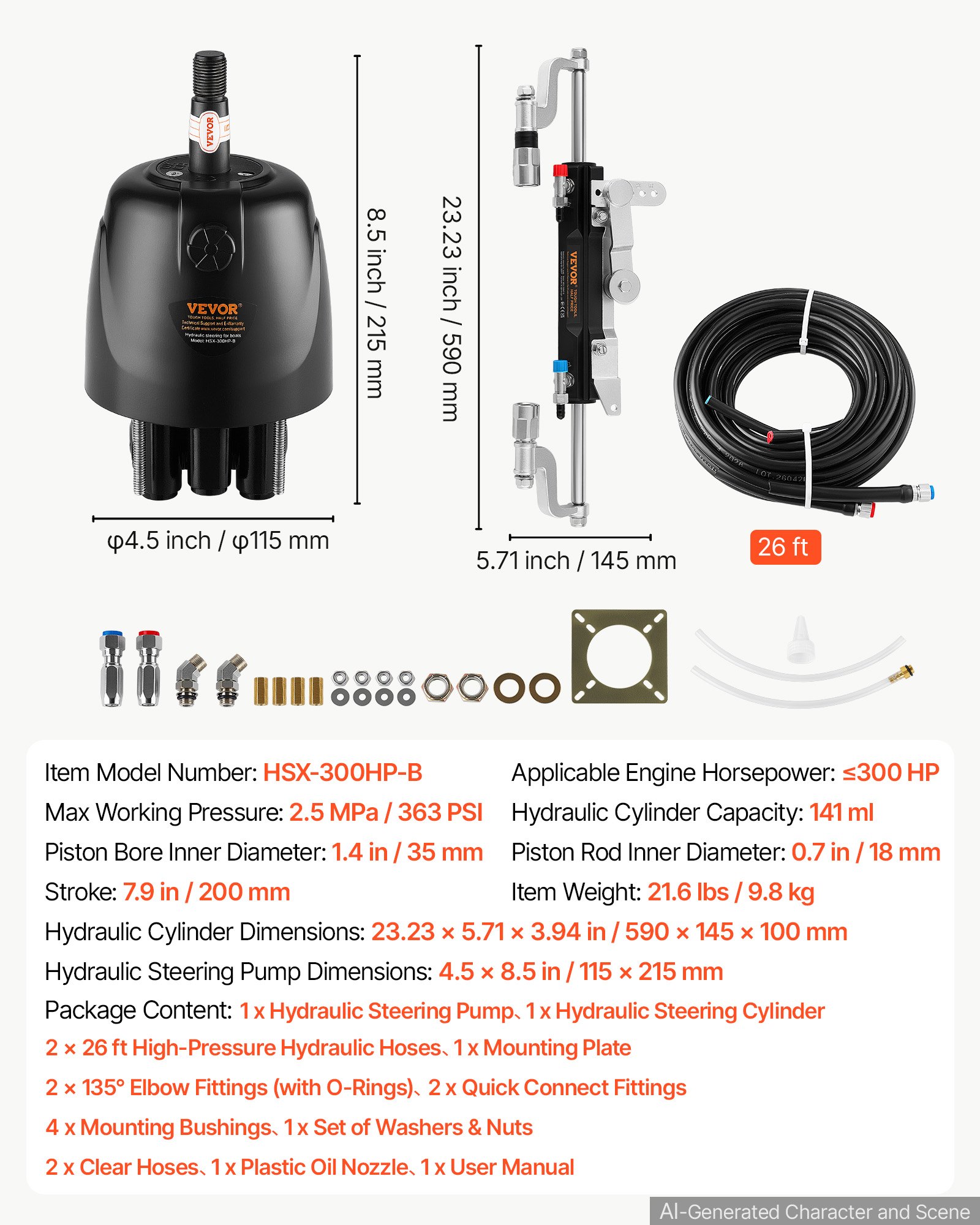 VEVOR Hydraulic Steering Kit 300HP Hydraulic Outboard Steering System 7.92m, Marine Boat Steering System, 2.5 MPa Helm Pump, Two-Way Lock Cylinder, 7.92 m High-Strength Hoses, for Single-Engine Use